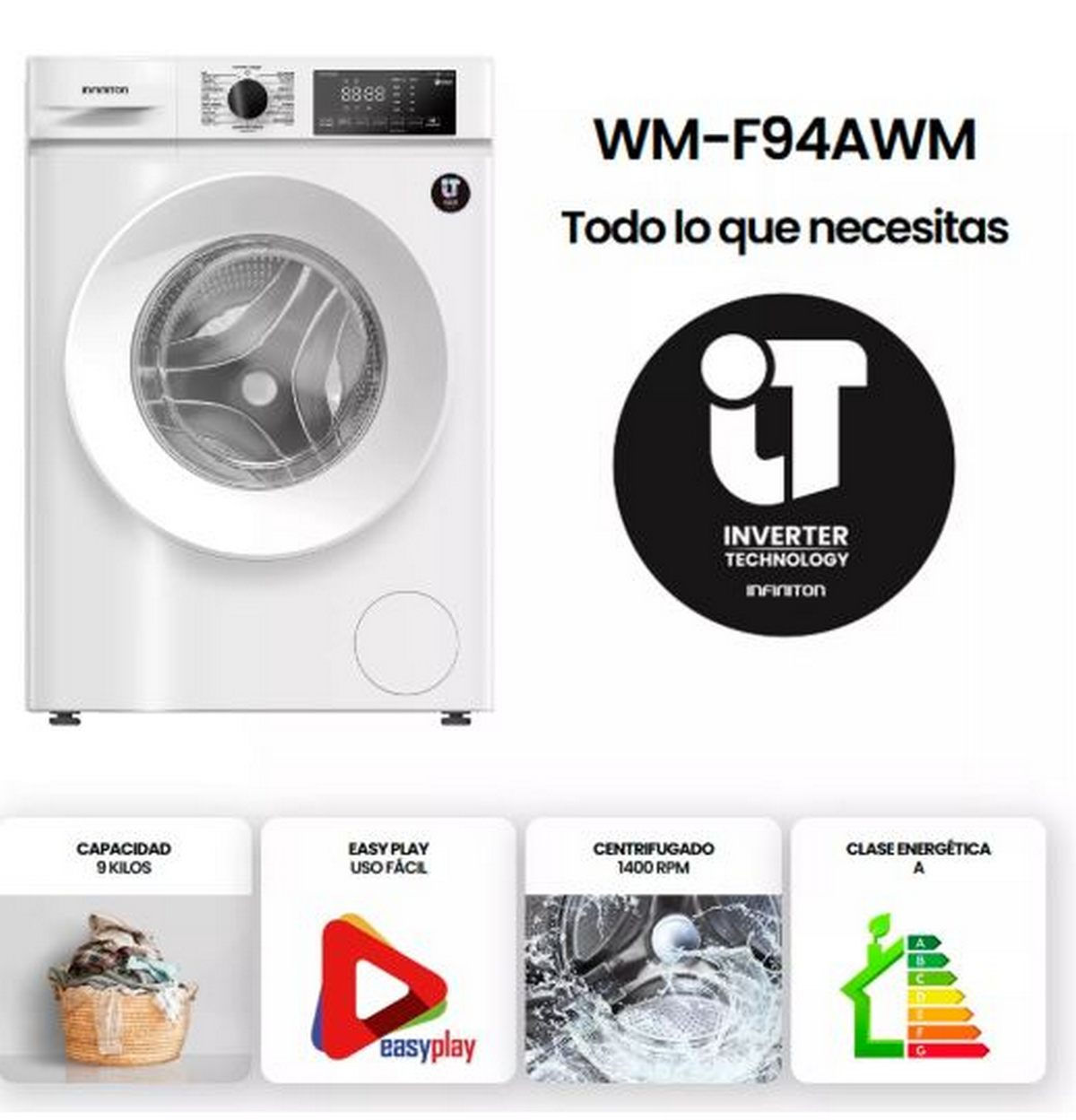 Lavadora blanca con pantalla digital y puerta redonda. El texto incluye información del modelo y detalles de eficiencia energética.