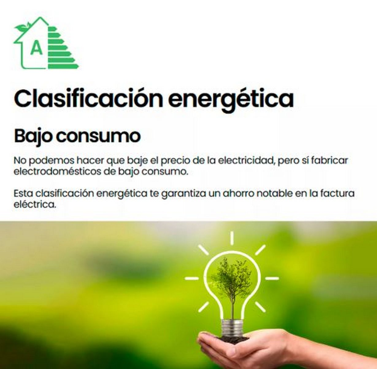 La imagen muestra información sobre eficiencia energética. Una mano sostiene una bombilla con un árbol dentro. Texto en español describe el ahorro de energía.