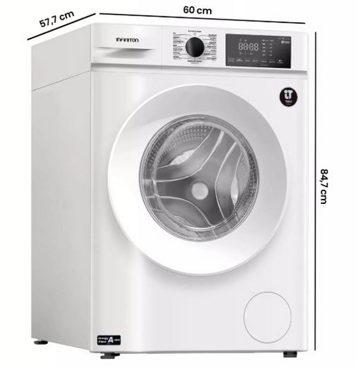 Lavadora blanca con pantalla digital, dial y puerta circular. Las medidas indican ancho y alto.