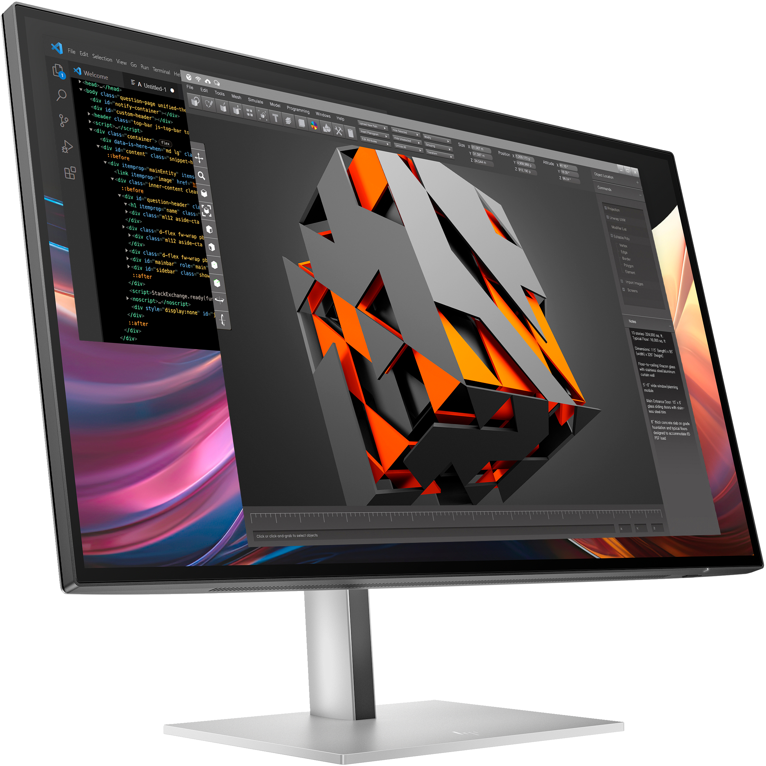 Un monitor de computadora muestra un modelo 3D, código y elementos de interfaz.