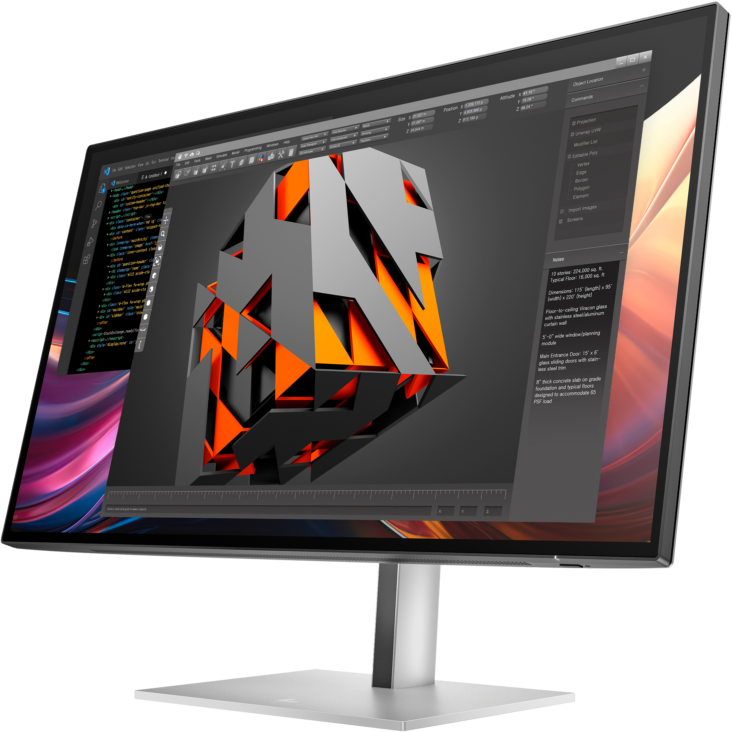 Un monitor de computadora muestra un modelo 3D. El modelo es una forma geométrica con color naranja y gris.