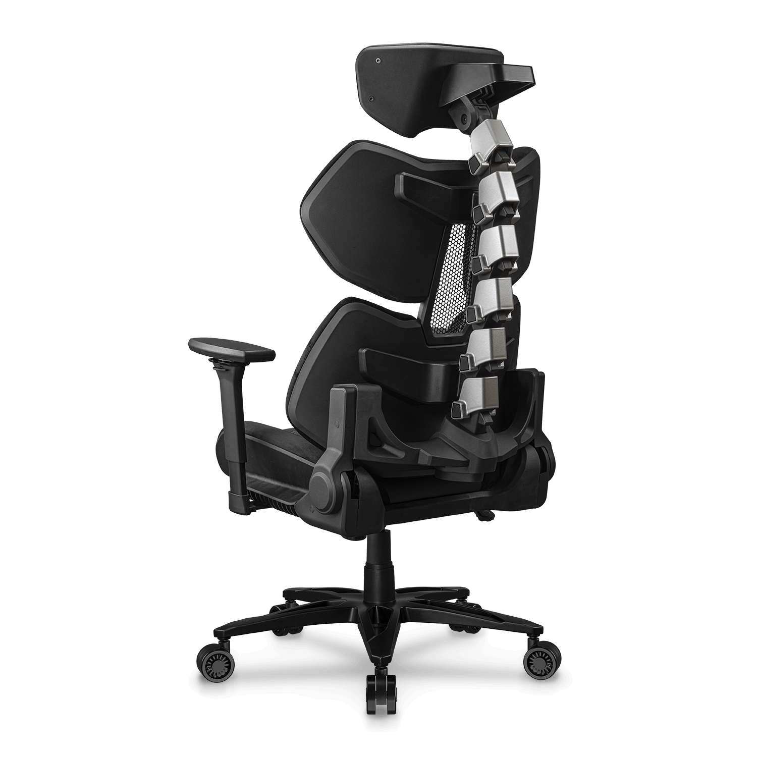 Una moderna sedia da ufficio ergonomica nera con un design unico dello schienale a forma di colonna vertebrale e un poggiatesta. Ha ruote e braccioli.