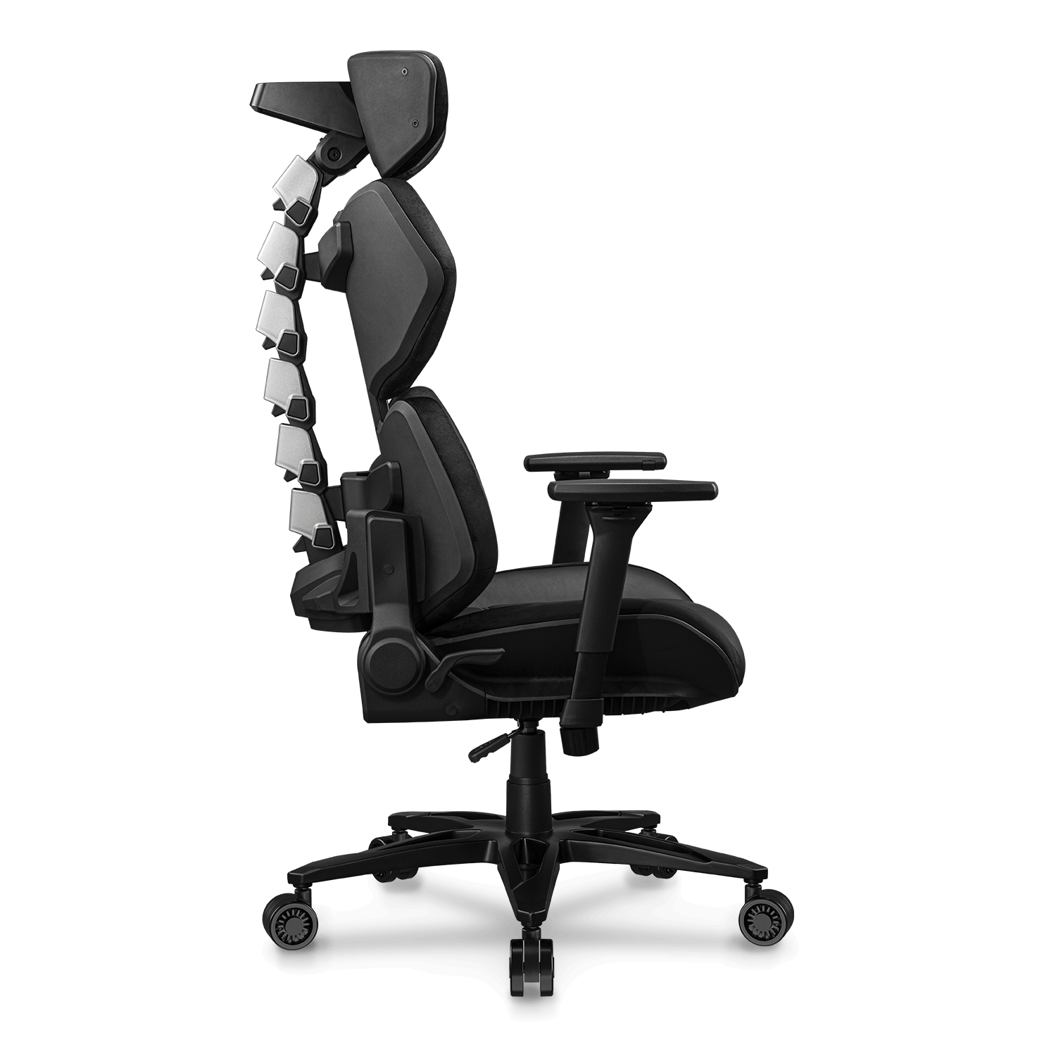 Sedia da gaming ergonomica nera. Include poggiatesta regolabile, supporto lombare, braccioli e base a cinque ruote, sfondo nero.