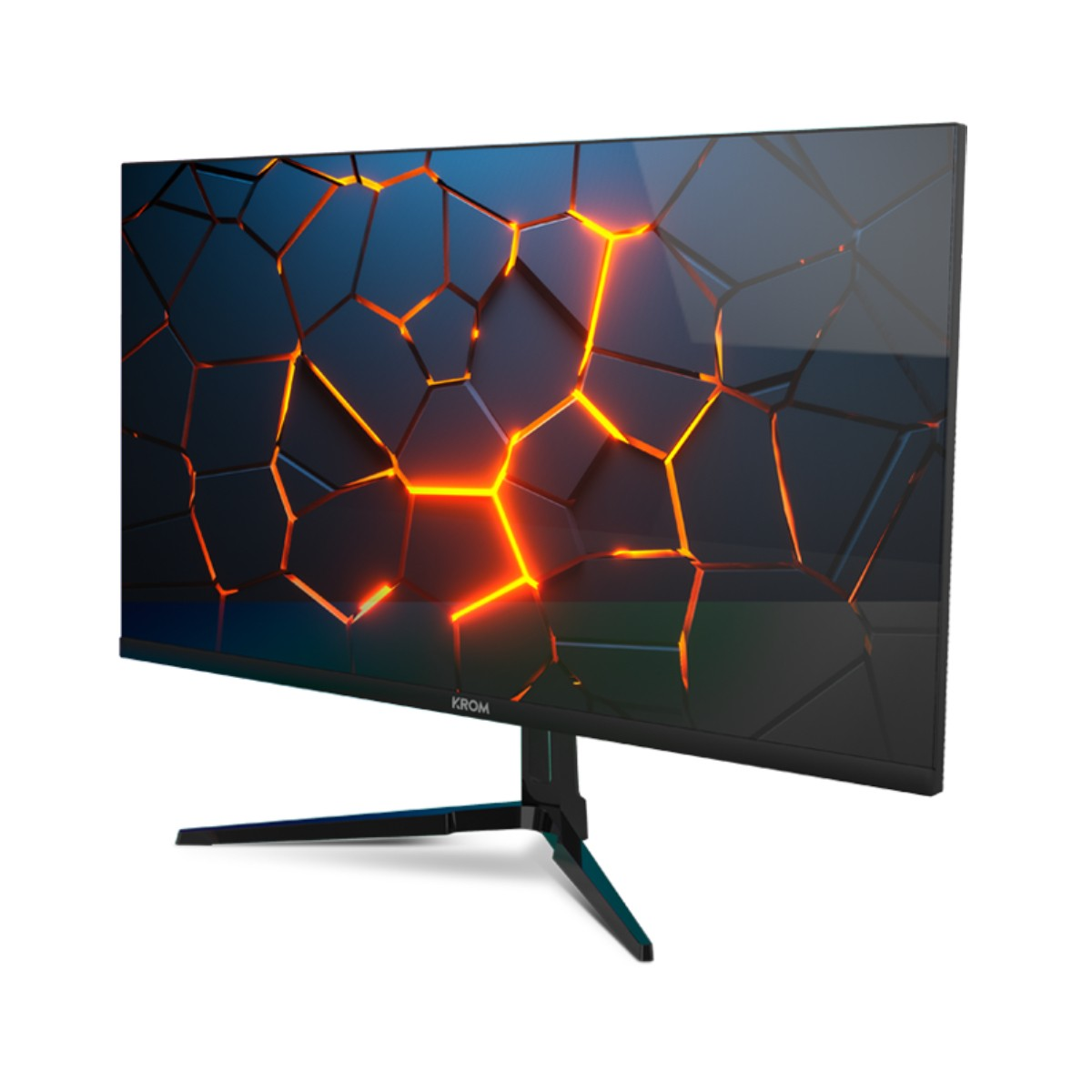 Monitor komputerowy z ciemnym, popękanym wzorem na ekranie. Ekran jest czarny z jasnopomarańczowymi liniami. Monitor ma czarną podstawkę.