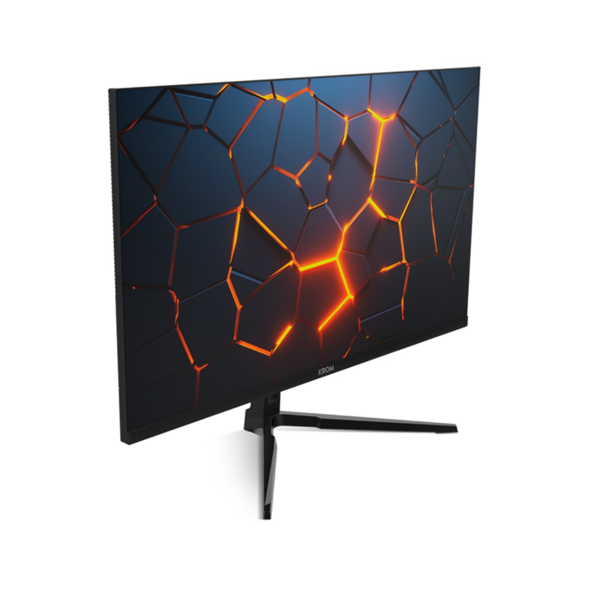 Czarny monitor komputera wyświetla pęknięty pomarańczowo-niebieski wzór. Monitor stoi na czarnym stojaku na białym tle.