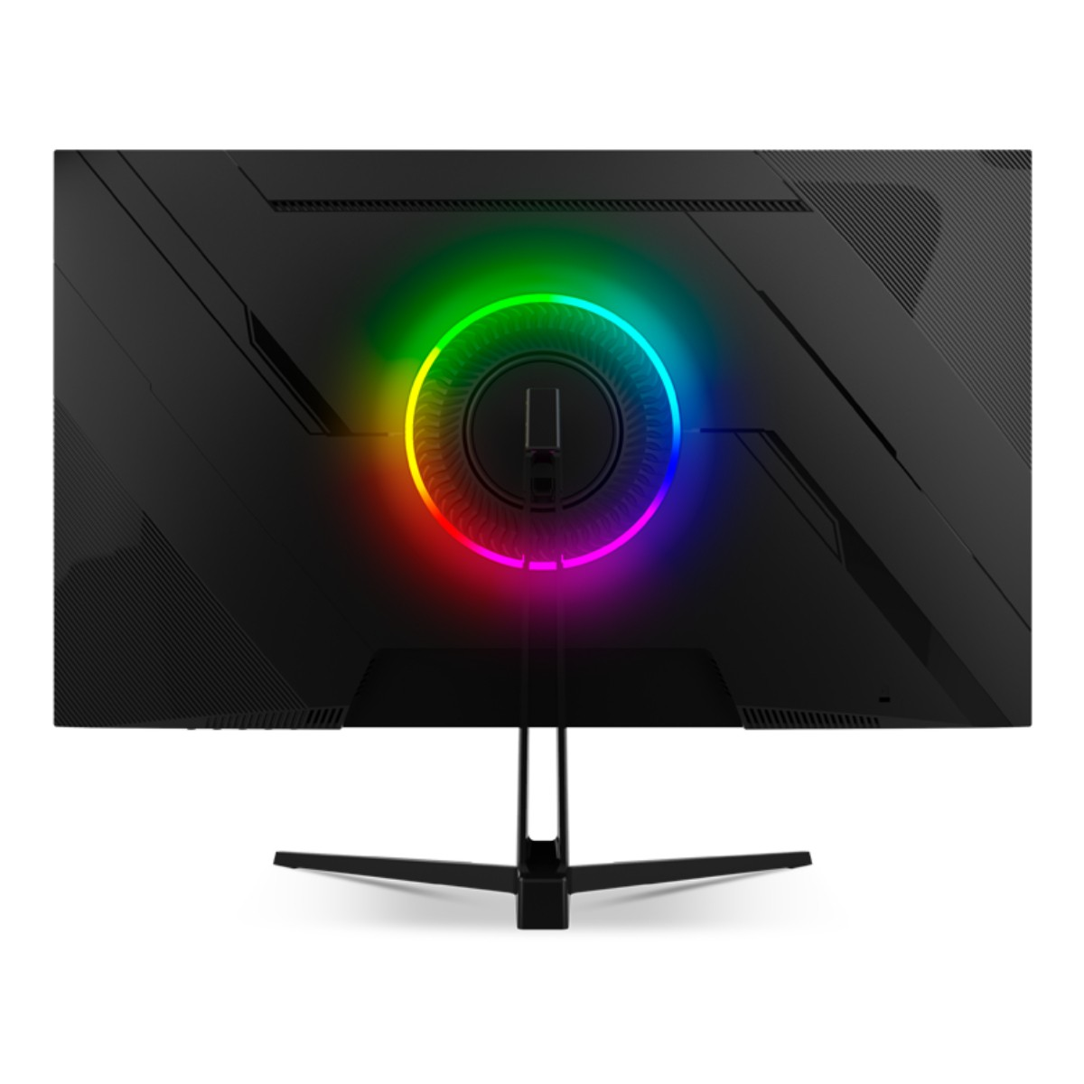 Czarny monitor komputera z tęczowym pierścieniem świetlnym z tyłu. Ma podstawę na białym tle.