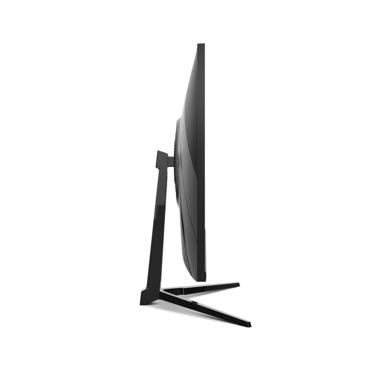 Widok z boku czarnego monitora komputerowego. Ma zakrzywiony ekran, podstawę w kształcie litery V i białe tło.