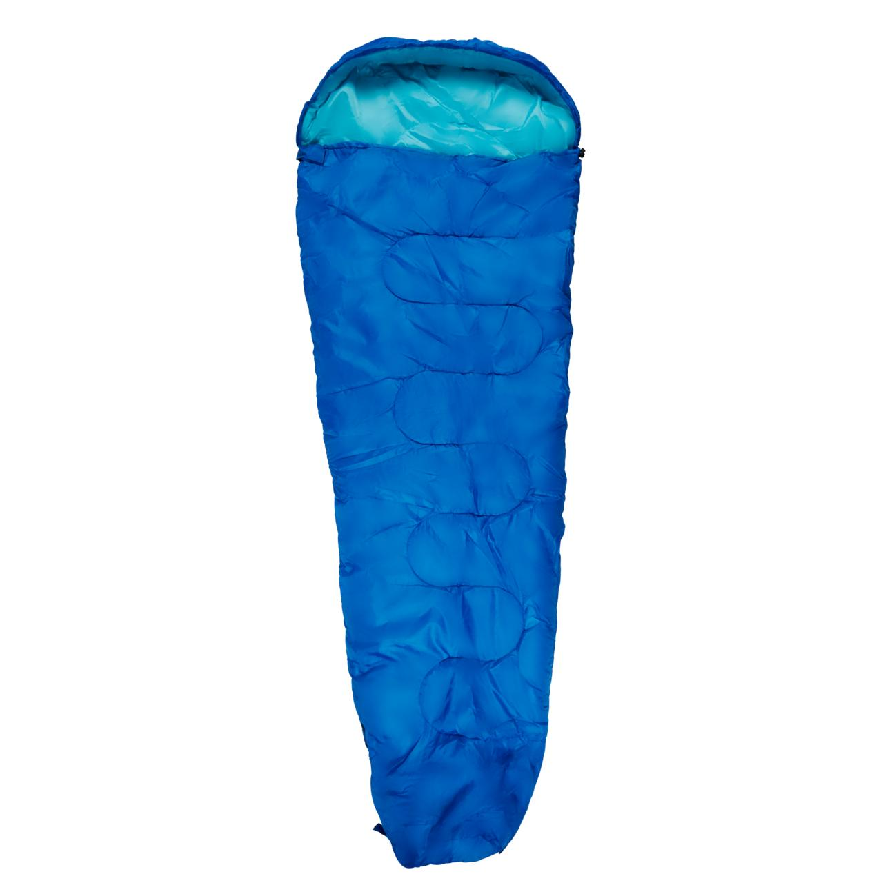 Een blauwe slaapzak op een witte achtergrond. De binnenkant is turquoise. De tas is gesloten en klaar voor gebruik.