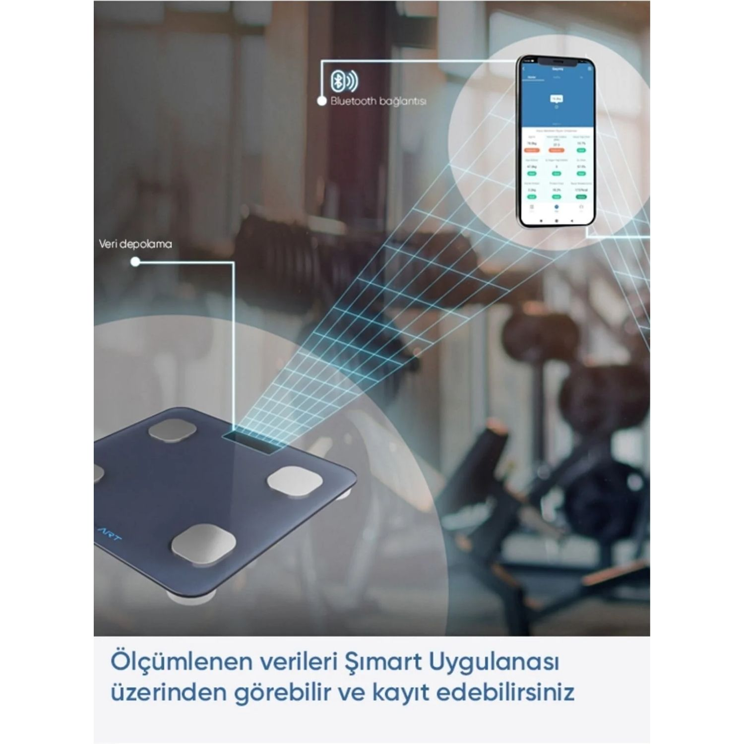 Verileri gösteren bir telefonla birlikte koyu mavi akıllı tartı. Bluetooth bağlantısı gösterilir. Metin, verilerin kaydedilebileceğini söylüyor.