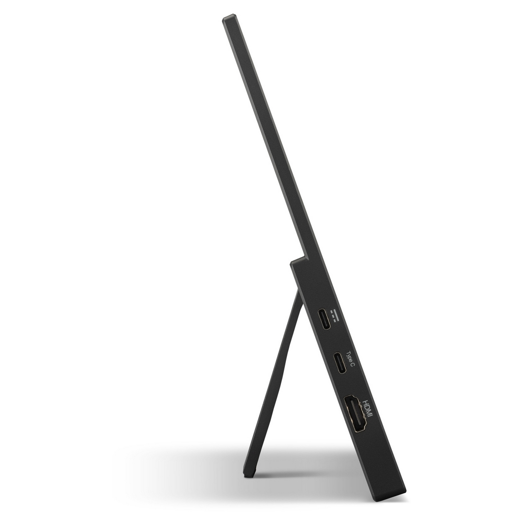 Un monitor portátil negro está apoyado. Tiene un soporte y puertos etiquetados como Type C y HDMI. El fondo es blanco.