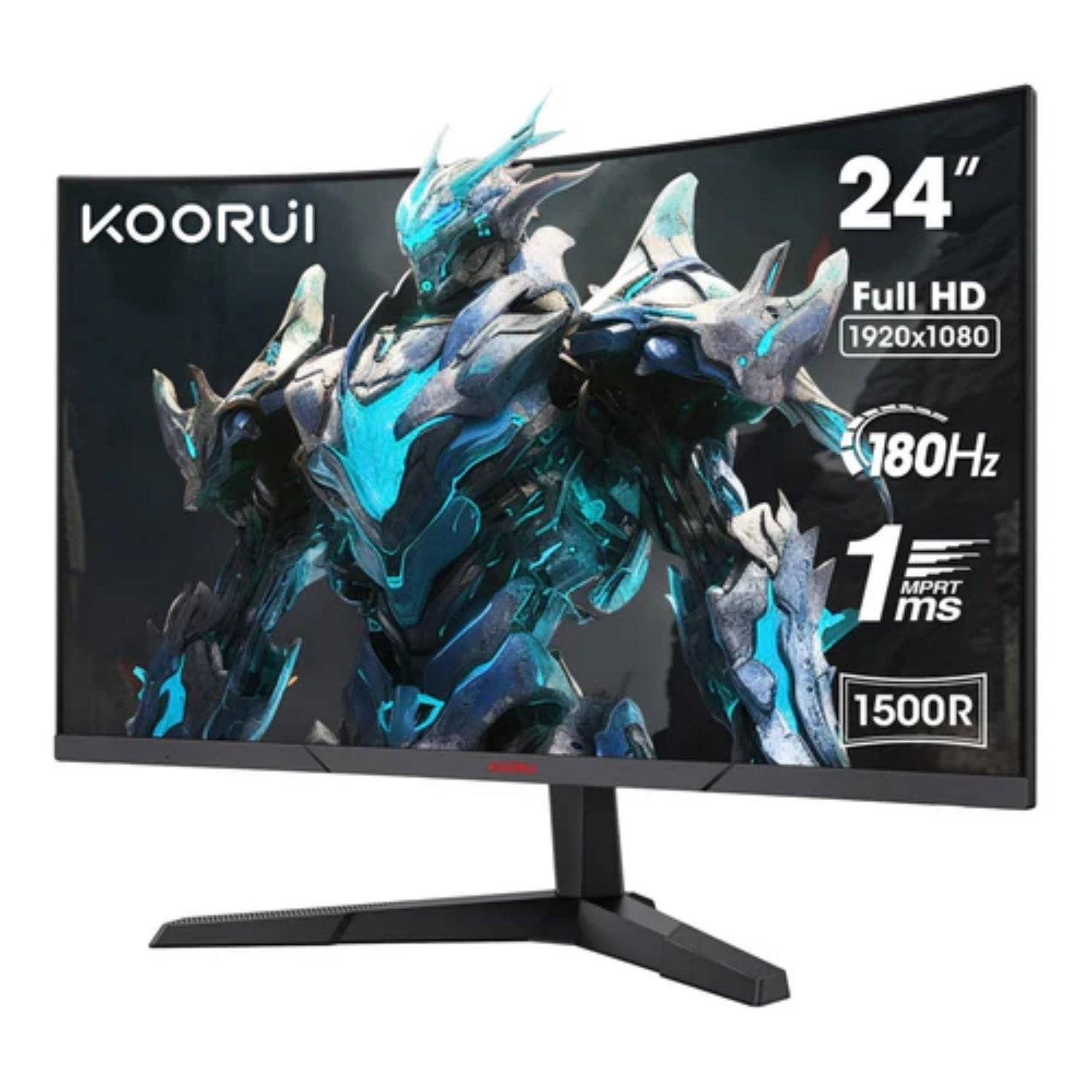 Un monitor KOORUI curvo de 24 pulgadas muestra una imagen de cyborg futurista. Tiene resolución 1920x1080, 180Hz y tiempo de respuesta de 1ms.