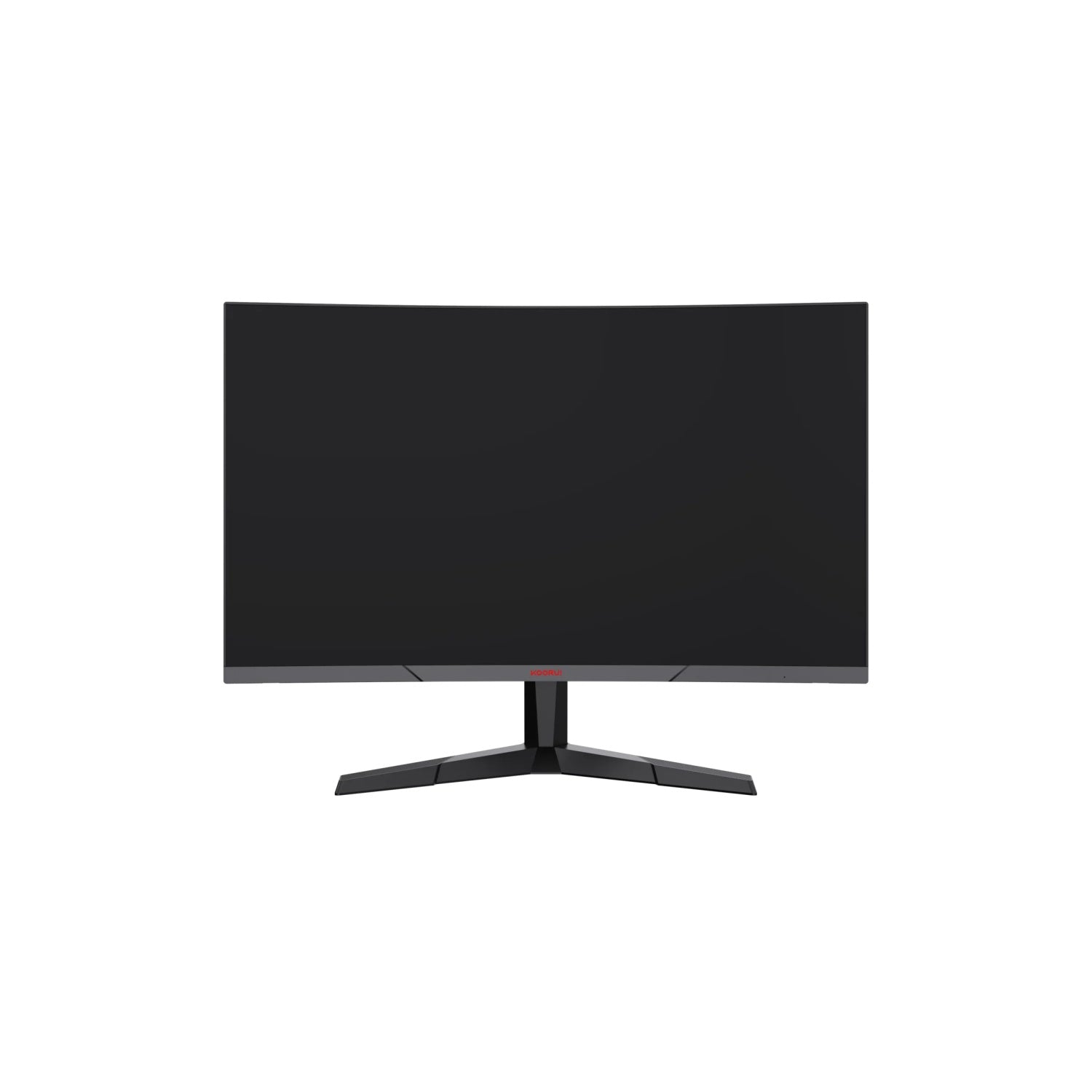 Un monitor de computadora negro curvado sobre un soporte negro. La pantalla es oscura. El logotipo es rojo en la parte inferior.