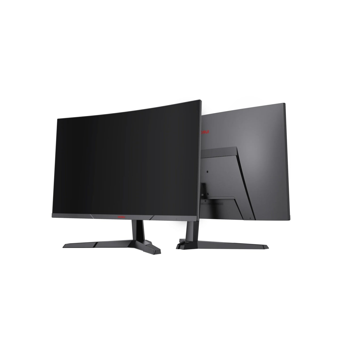 Se muestran dos monitores de computadora negros. Uno está mirando hacia adelante y el otro está girado para mostrar la parte posterior.