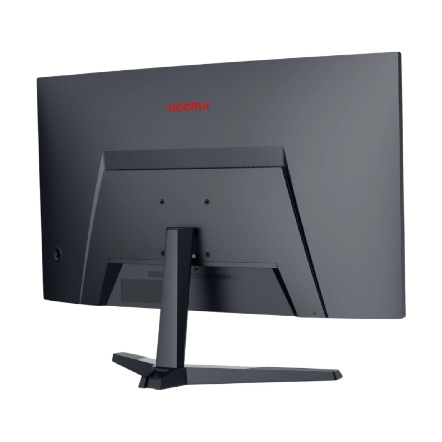 Vista trasera de un monitor de computadora negro. La marca 'KOORUI' es visible en rojo. El monitor está sobre un soporte negro.