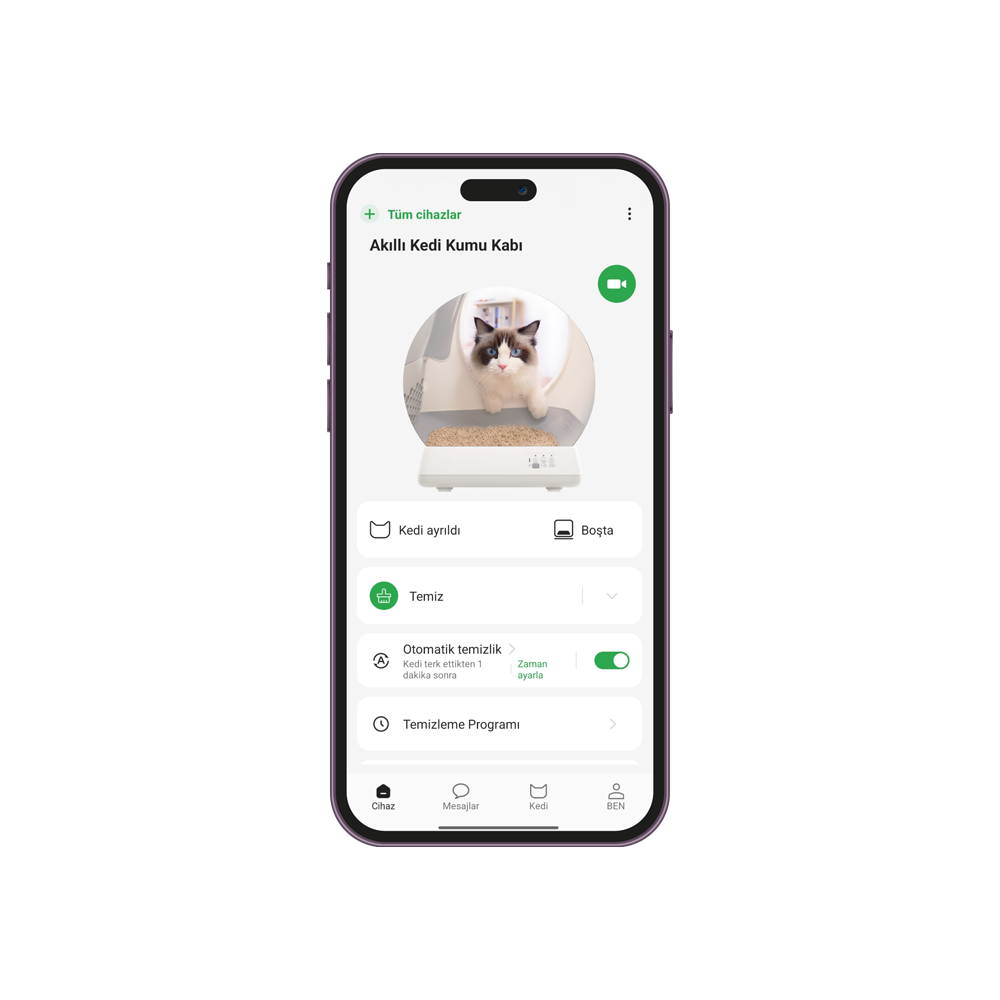 Bir akıllı telefon ekranı, bir kedi kumu kutusu uygulamasının arayüzünü görüntülüyor. Bir kedi kutunun içinde. Çeşitli kontrol seçenekleri görülebilir.