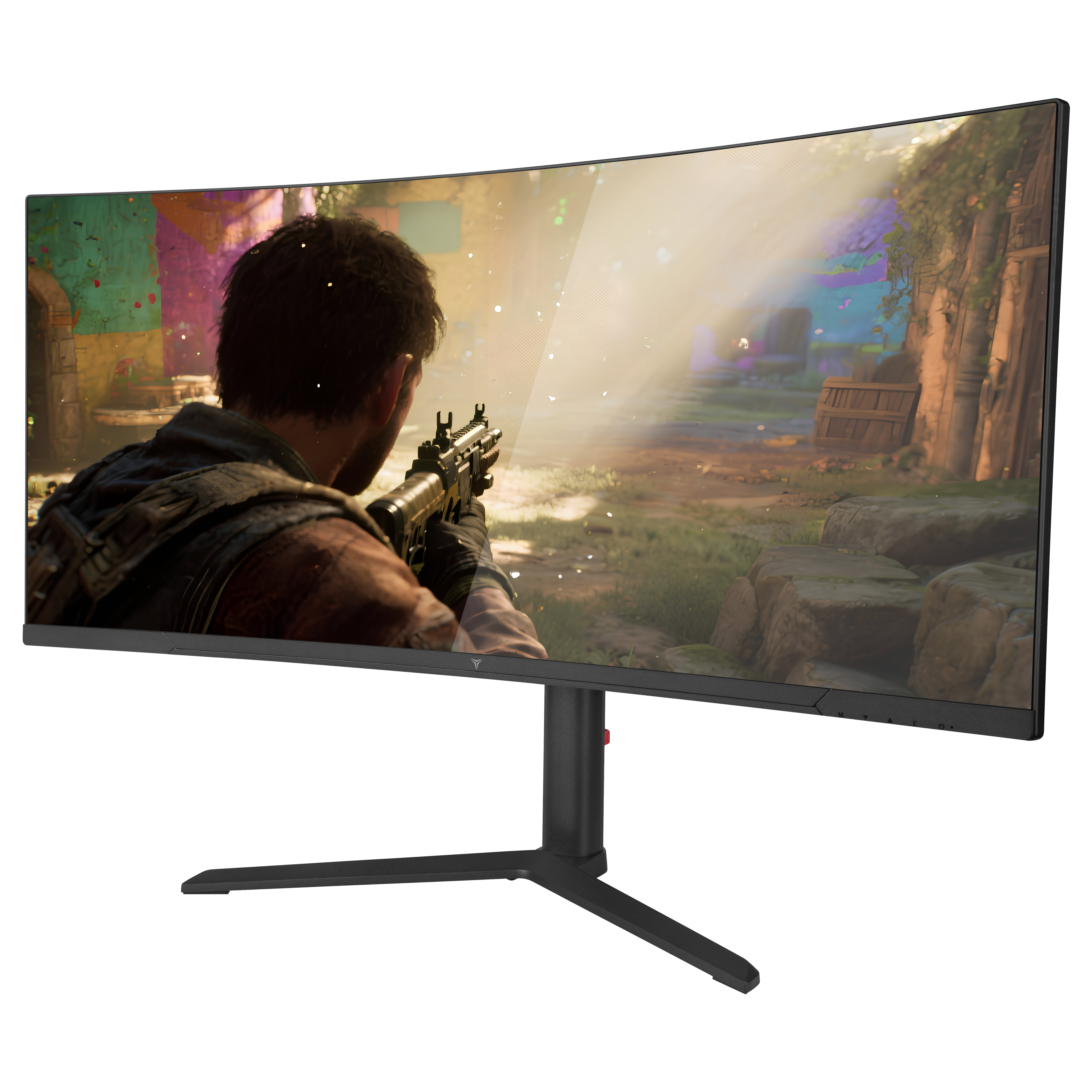 Un monitor curvo muestra a una persona apuntando con un arma en un videojuego. El monitor está sobre un soporte negro.