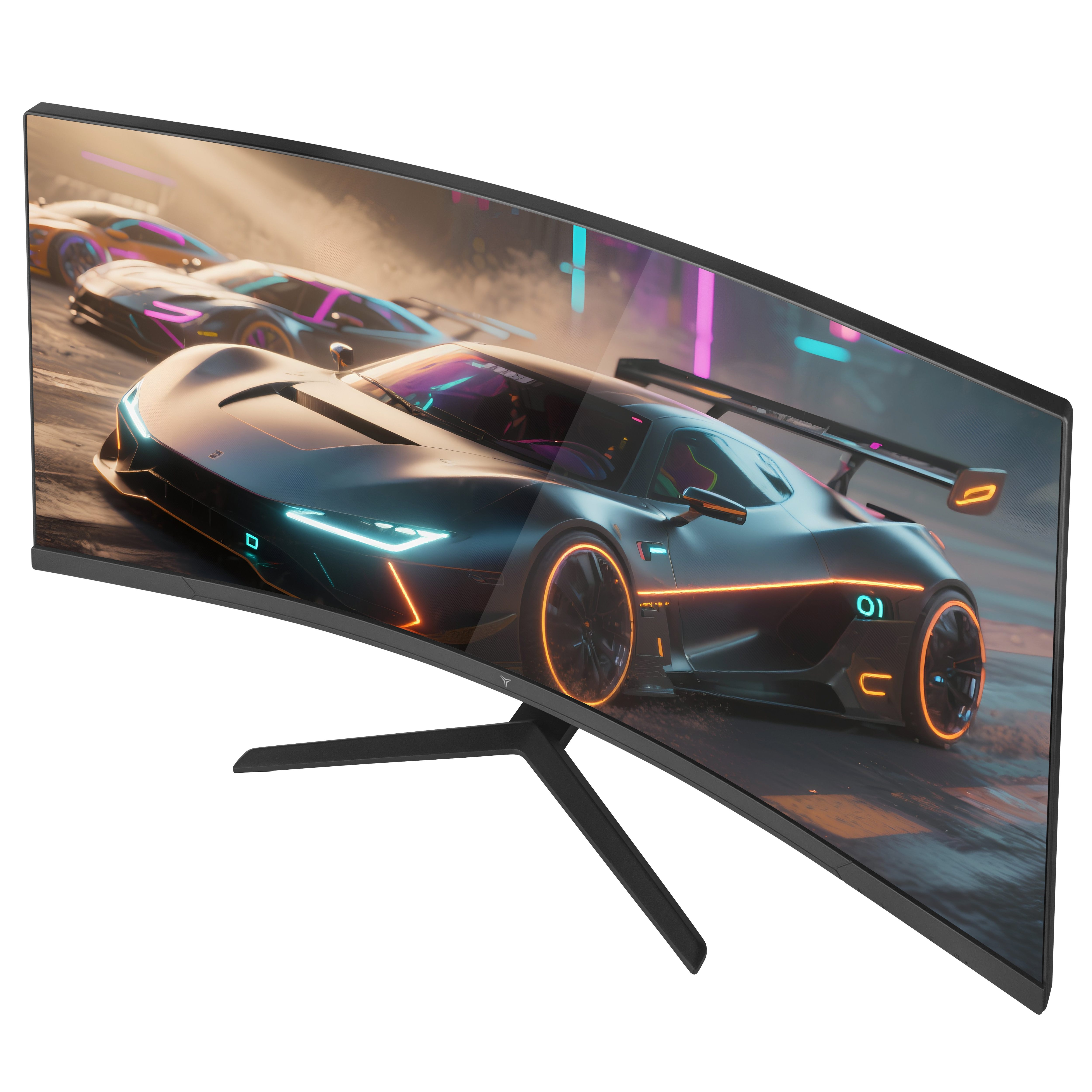 Monitor curvo que muestra una carrera de coches futurista. El monitor tiene un marco y soporte negros.