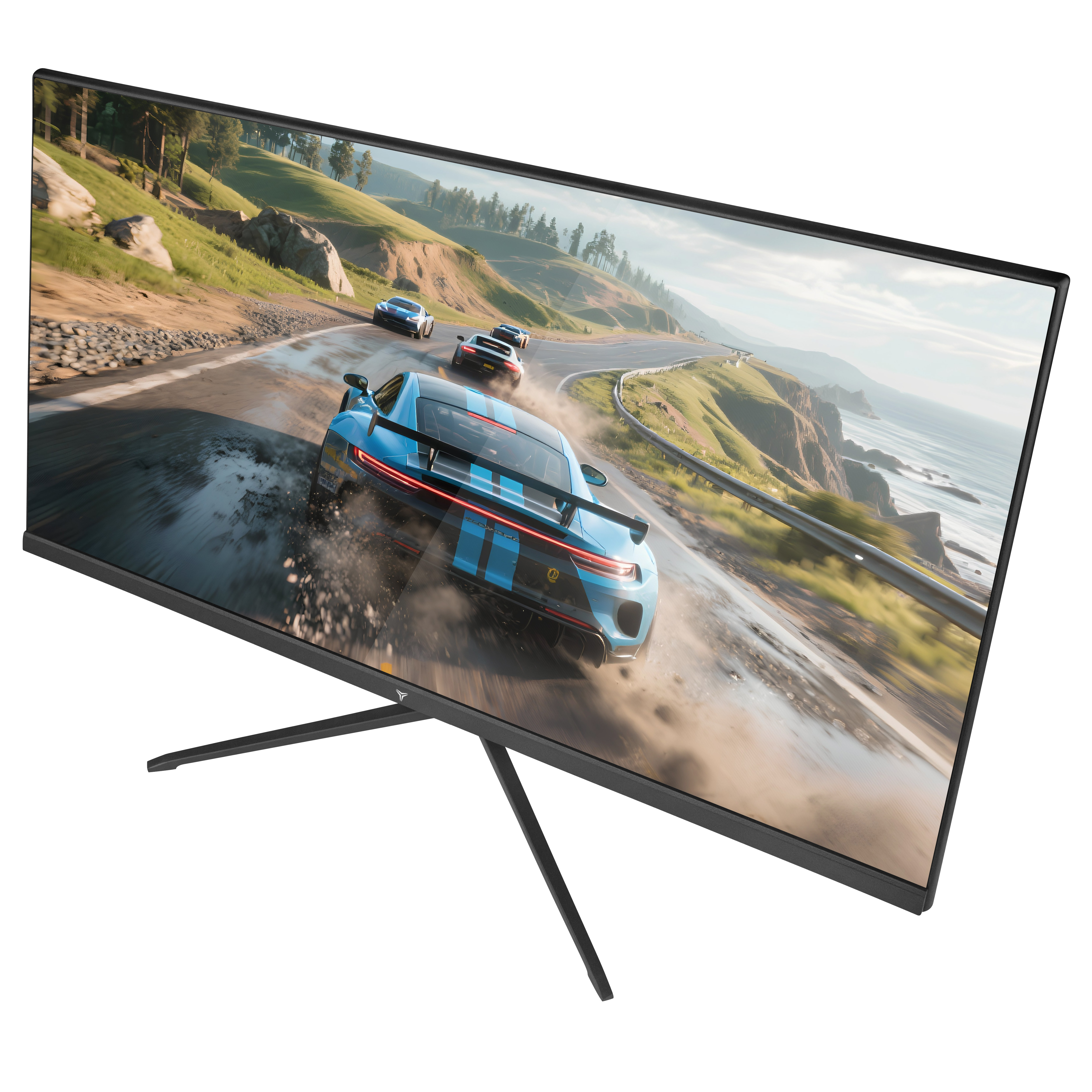 Un monitor muestra un juego de carreras con coches azules en una carretera costera. El monitor está sobre un soporte.