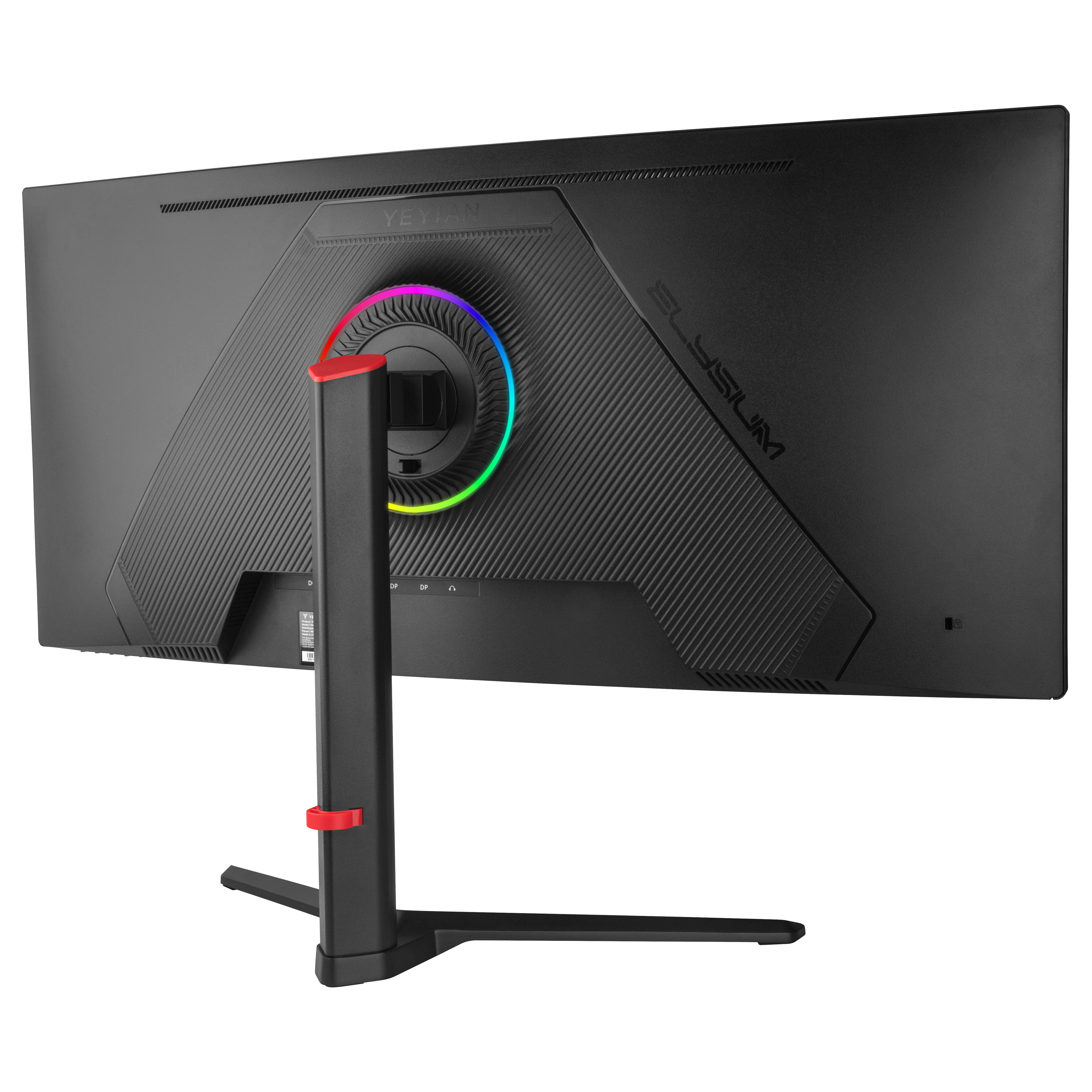 Vista trasera de un monitor de computadora negro con soporte. El soporte tiene un acento rojo. El monitor tiene un anillo de luz colorido.