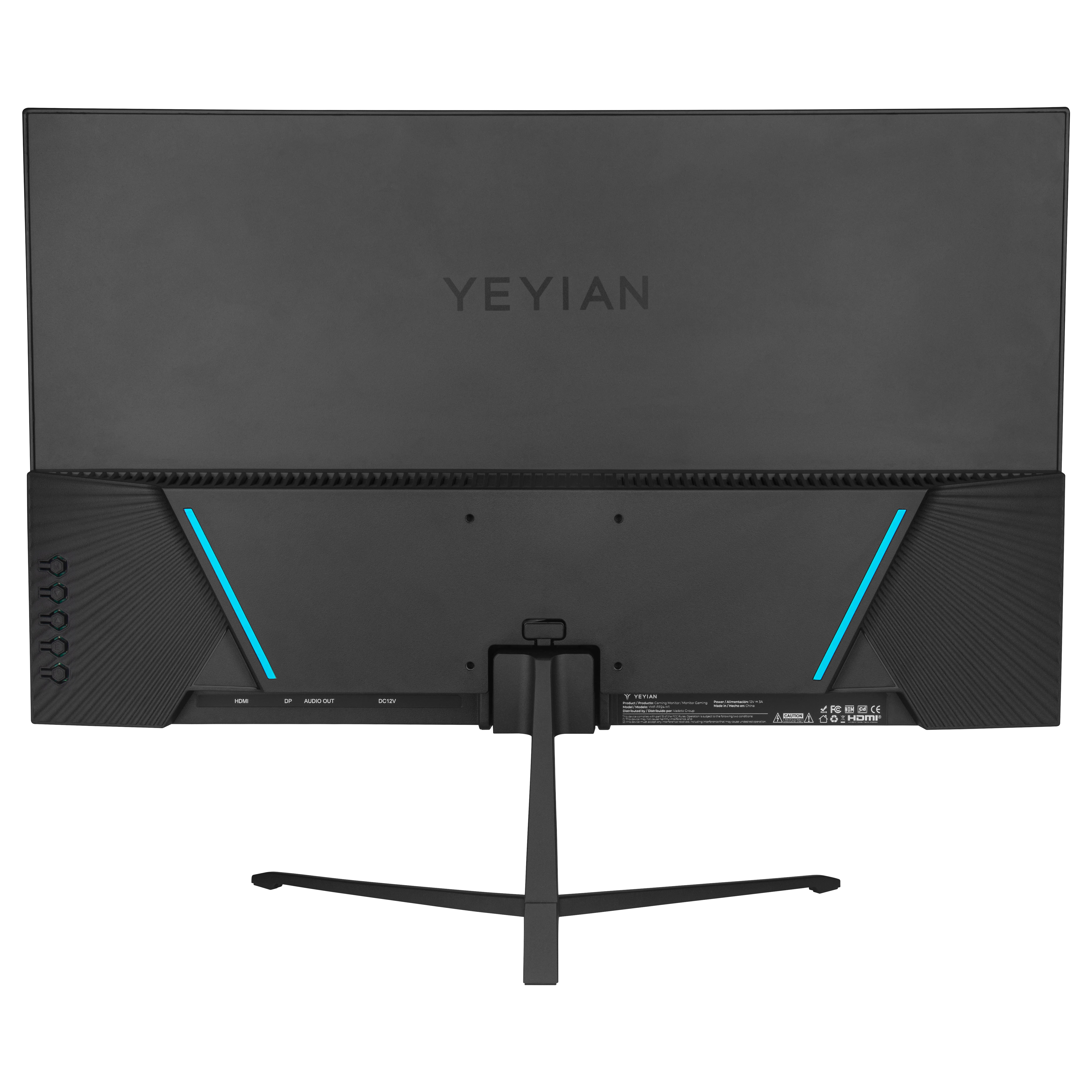Vista trasera de un monitor Yeyian negro. Tiene puertos, detalles azules y un soporte.