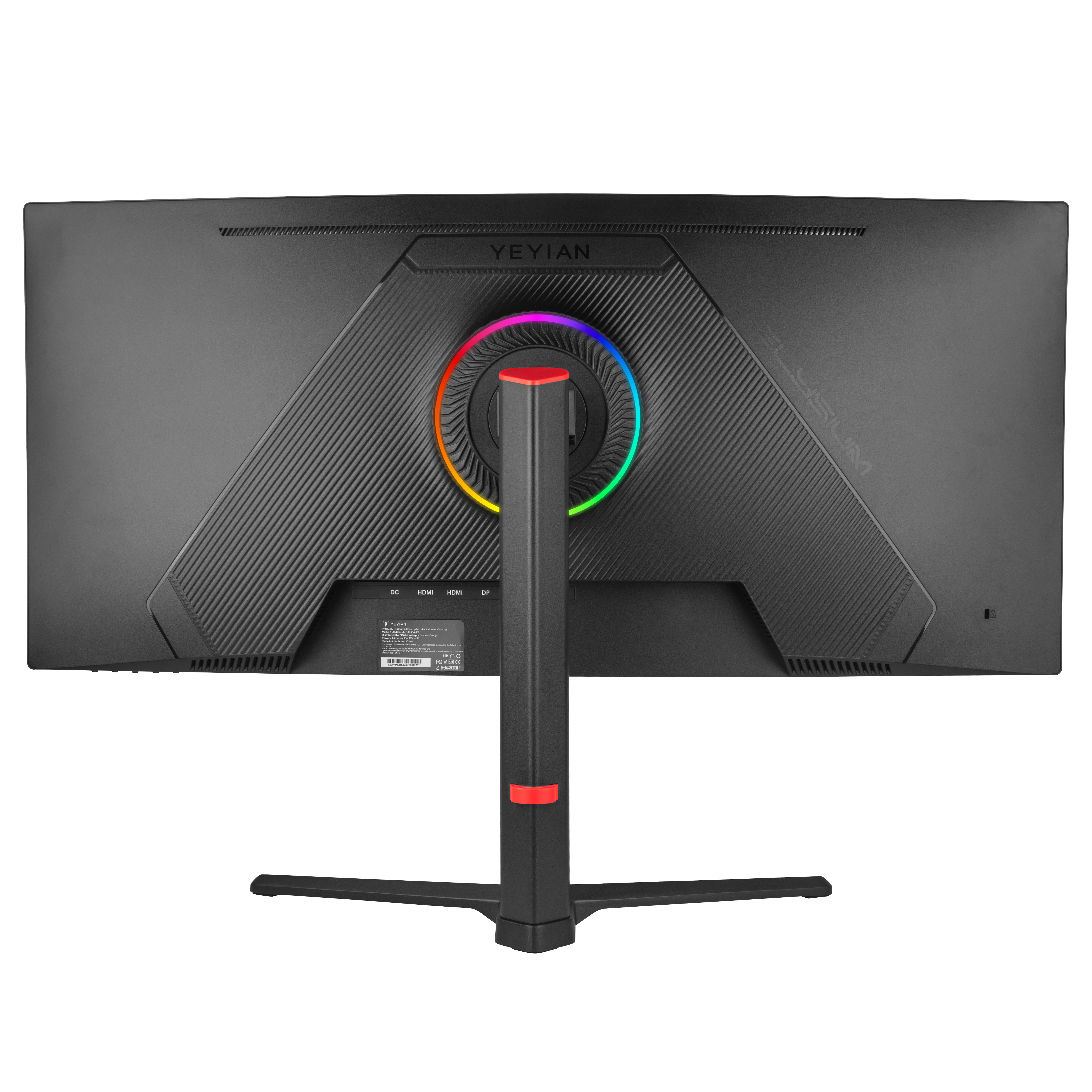 Vista trasera de un monitor negro. Tiene un soporte y un anillo LED colorido. La marca Yeyian está en él.