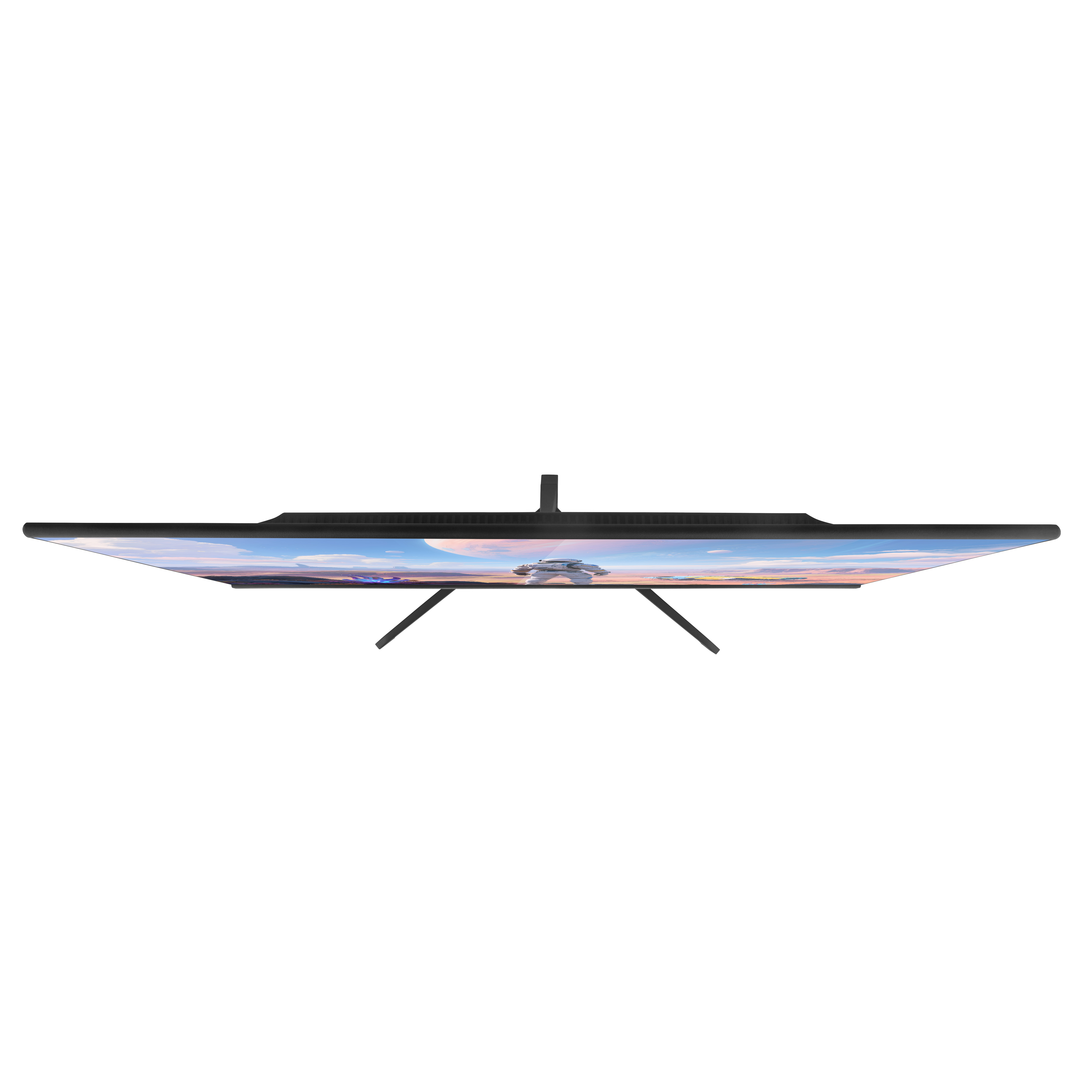 Vista aérea de un monitor negro con soporte. La pantalla muestra un paisaje con nubes y cielo.