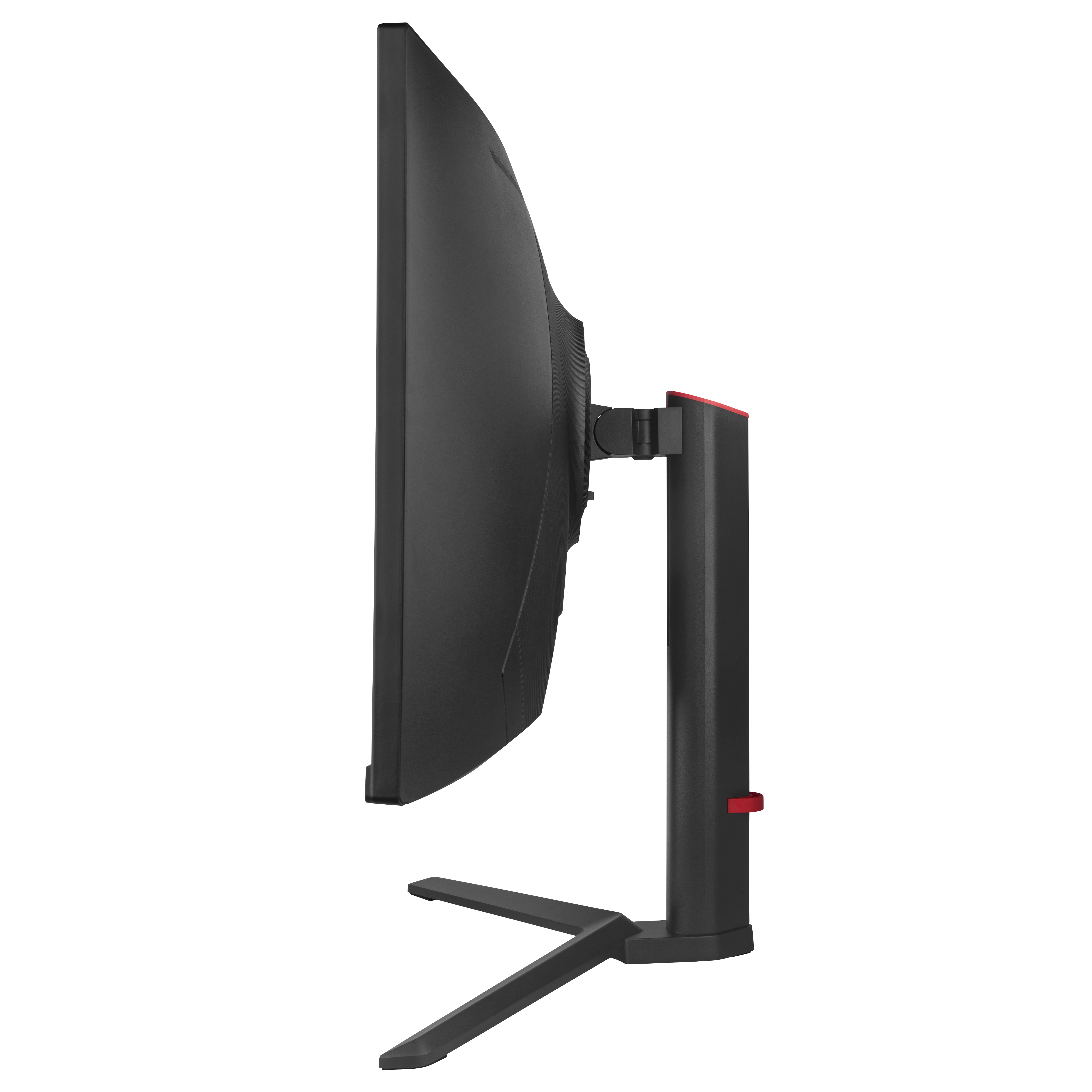 Vista lateral de un monitor de ordenador negro con un acento rojo, sobre un fondo blanco.
