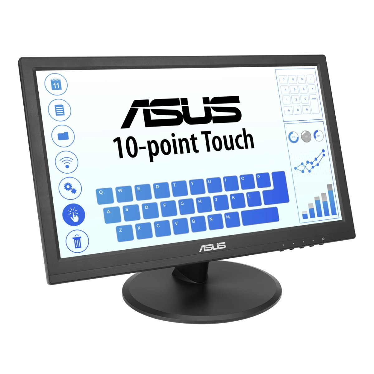 Ein ASUS-Monitor mit den Worten 'ASUS 10-point Touch' auf dem Bildschirm. Er verfügt außerdem über eine virtuelle Tastatur und Diagramme.