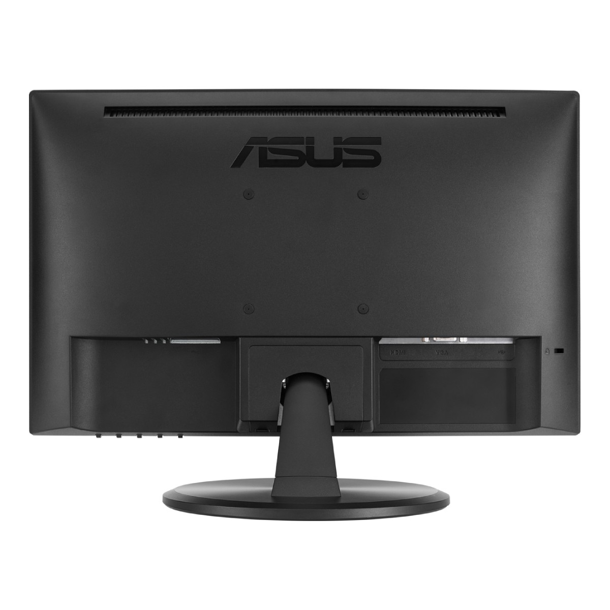 Die Rückseite eines schwarzen ASUS-Monitors. Er hat einen Ständer, Anschlüsse und das ASUS-Logo. Der Monitor steht vor weißem Hintergrund.