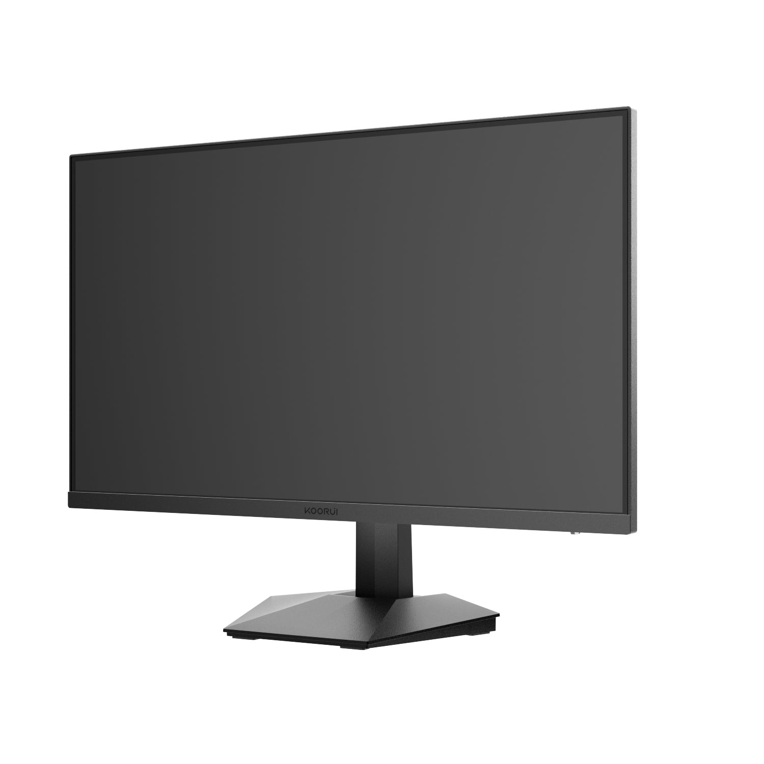Un monitor de computadora negro con soporte. La pantalla es oscura. La marca es KOORUI.