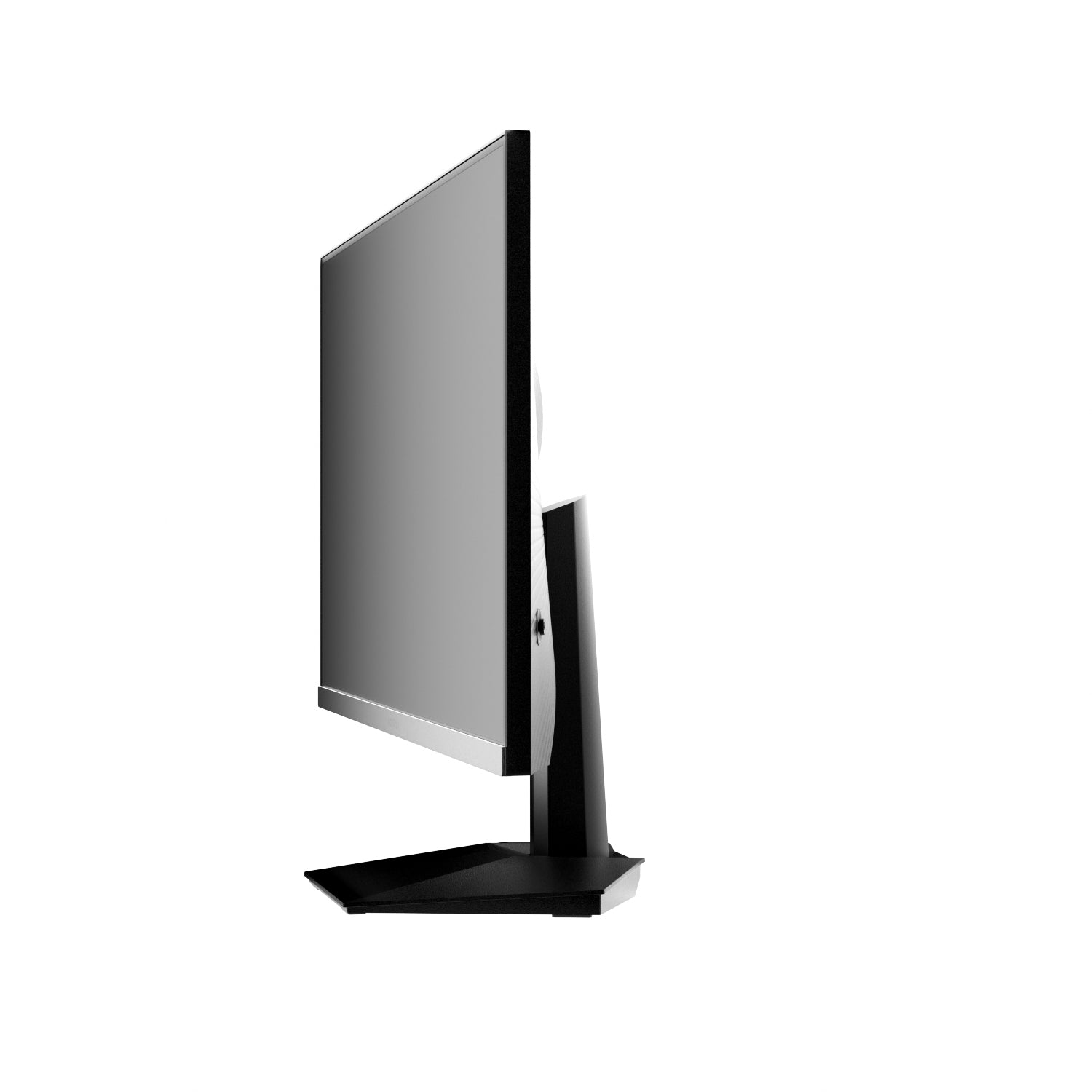 Vista lateral de un monitor de ordenador. Tiene una pantalla gris, un marco negro y un soporte negro. El fondo es blanco.