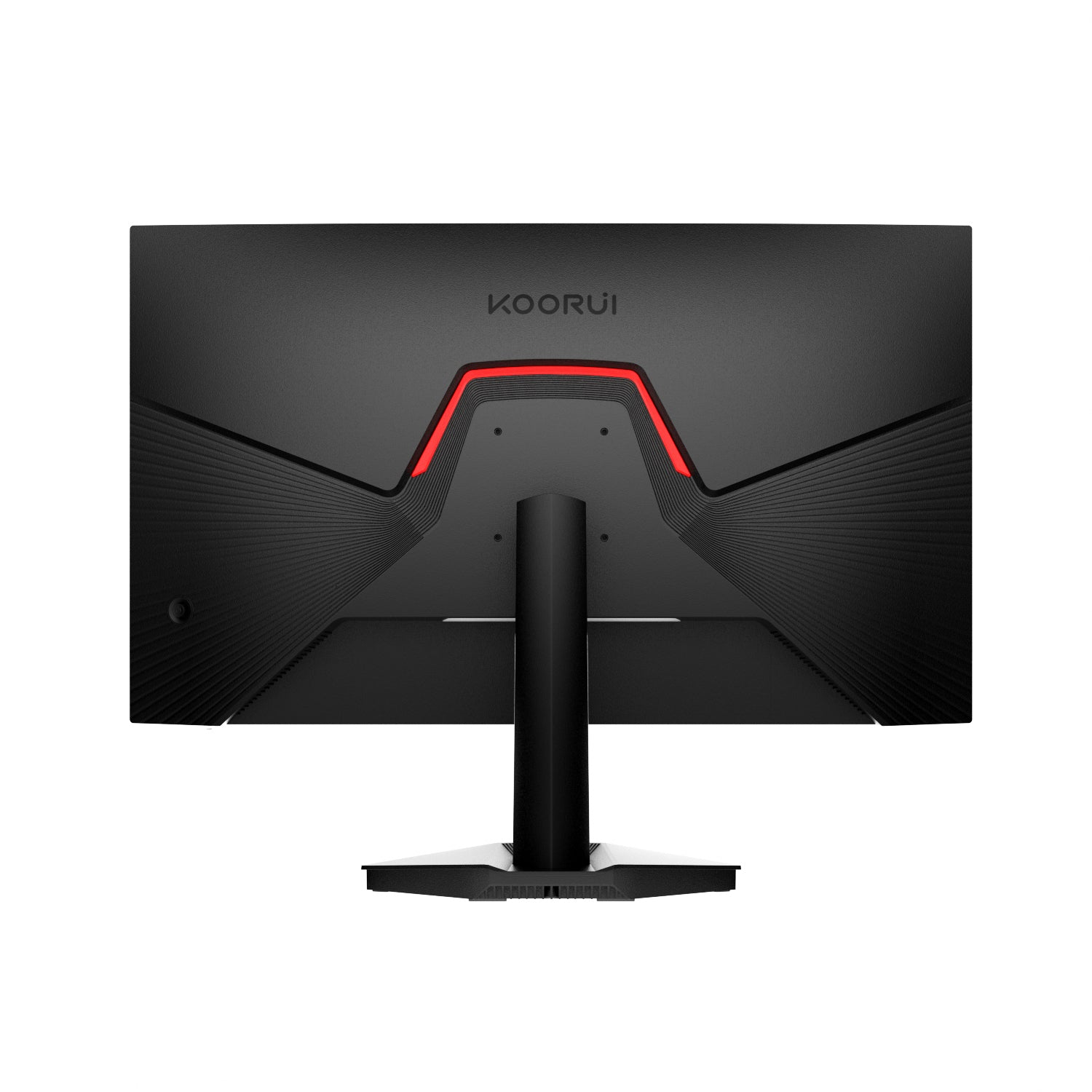 Parte trasera de un monitor KOORUI. Negro con un acento rojo y soporte. La marca es visible en la parte superior central.