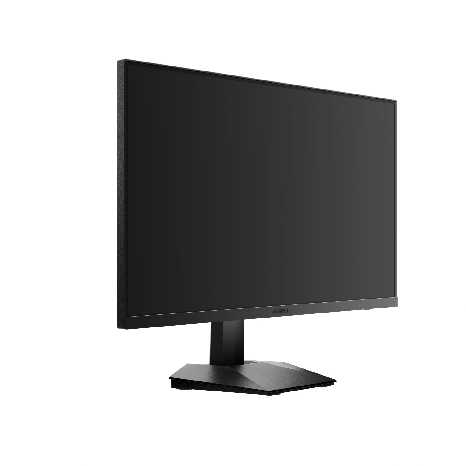 Monitor de computadora negro con soporte. La pantalla es oscura, con la marca 'KOORUI' visible. Aislado sobre fondo blanco.