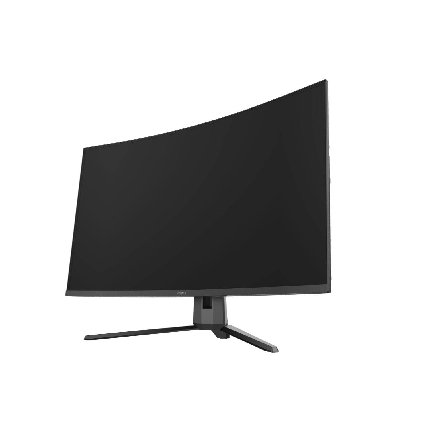 Un monitor di computer nero curvo con supporto. Lo schermo è scuro, il supporto è grigio e lo sfondo è bianco.