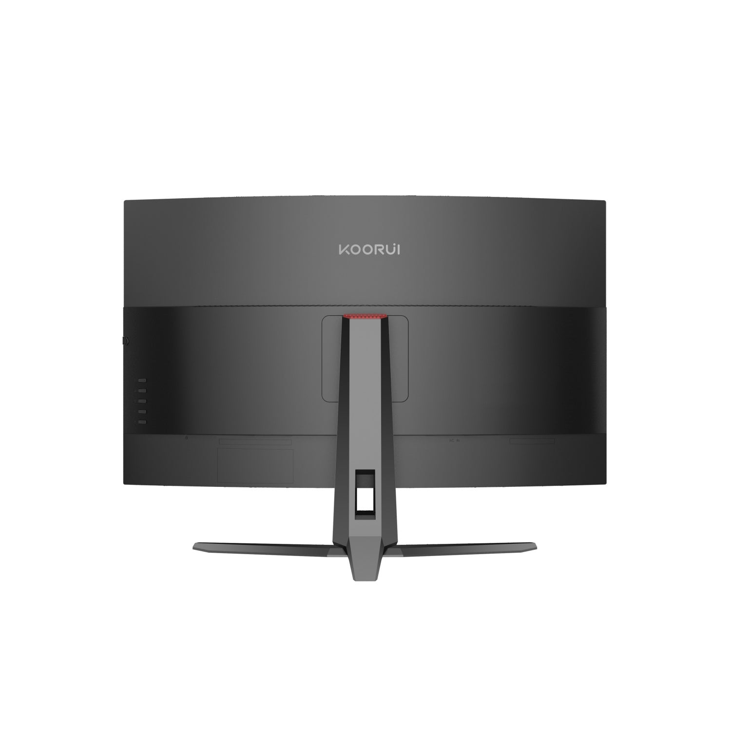 Vista posteriore di un monitor nero curvo con il marchio 'KOORUI'. Sono visibili il supporto e le porte.