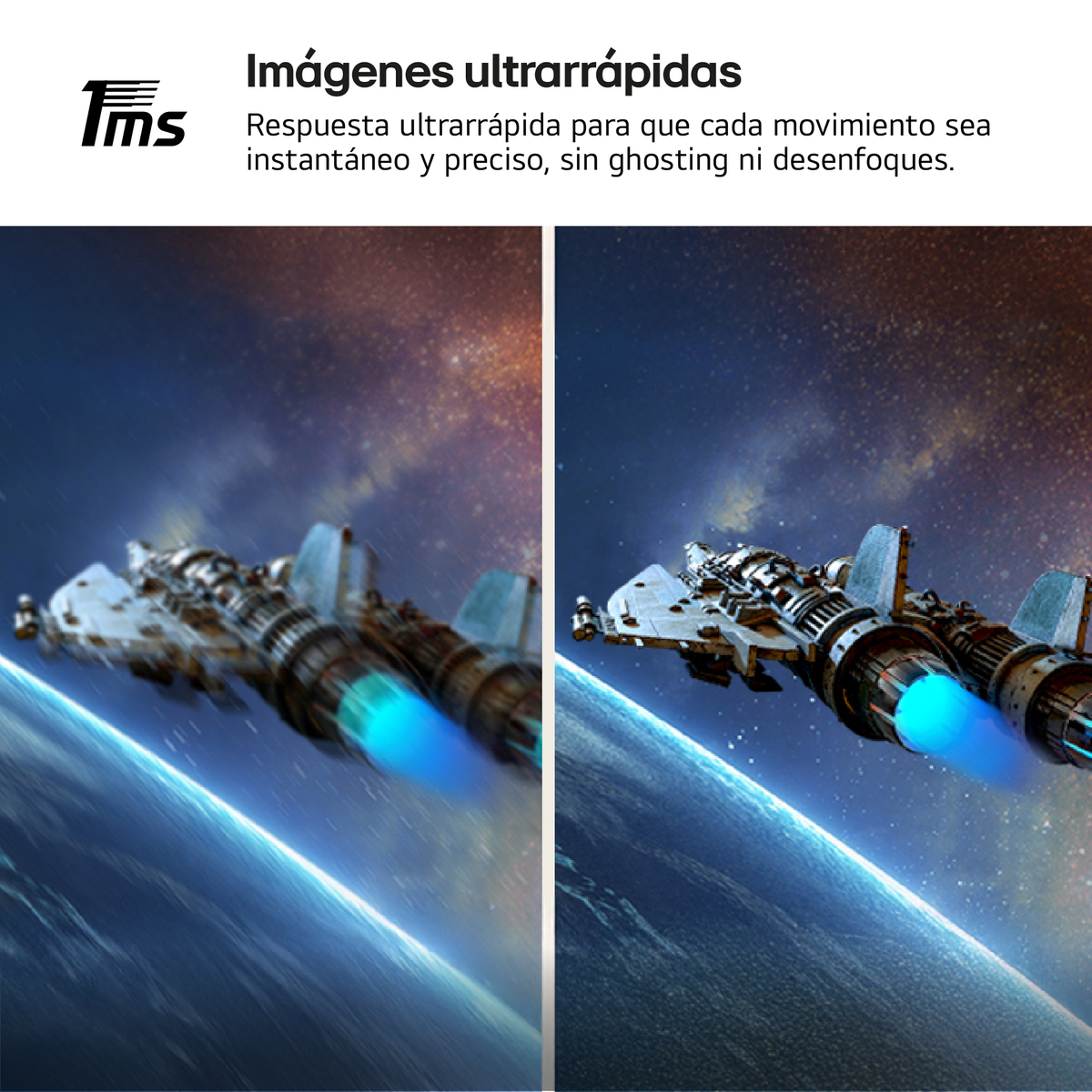 A spaceship with blue flames flies over a planet. The scene is set against a starry background. The ship has a blurry effect.