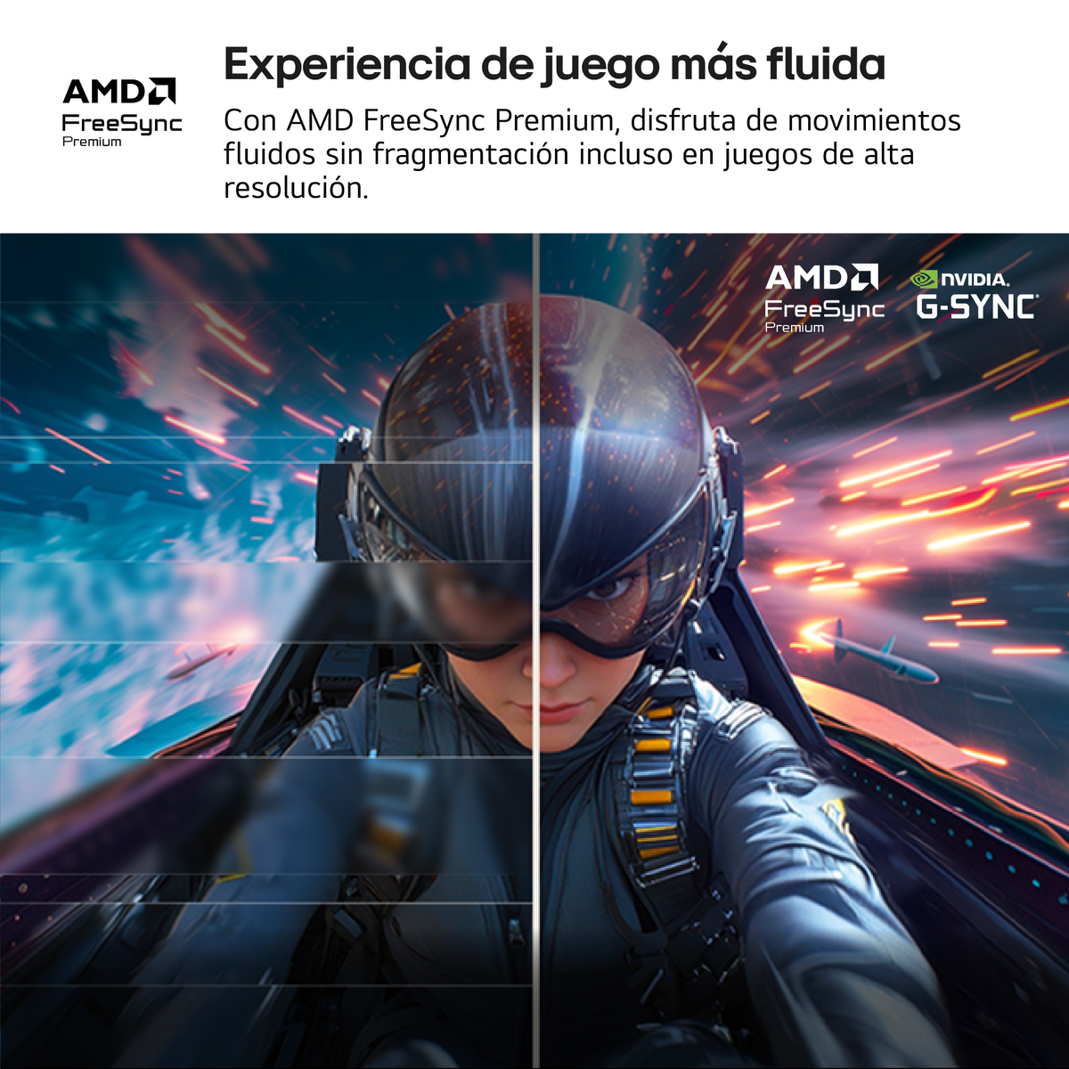A pilot in a jet cockpit, split view. AMD FreeSync logo. Text: Experience fluid gaming.  With AMD FreeSync Premium.