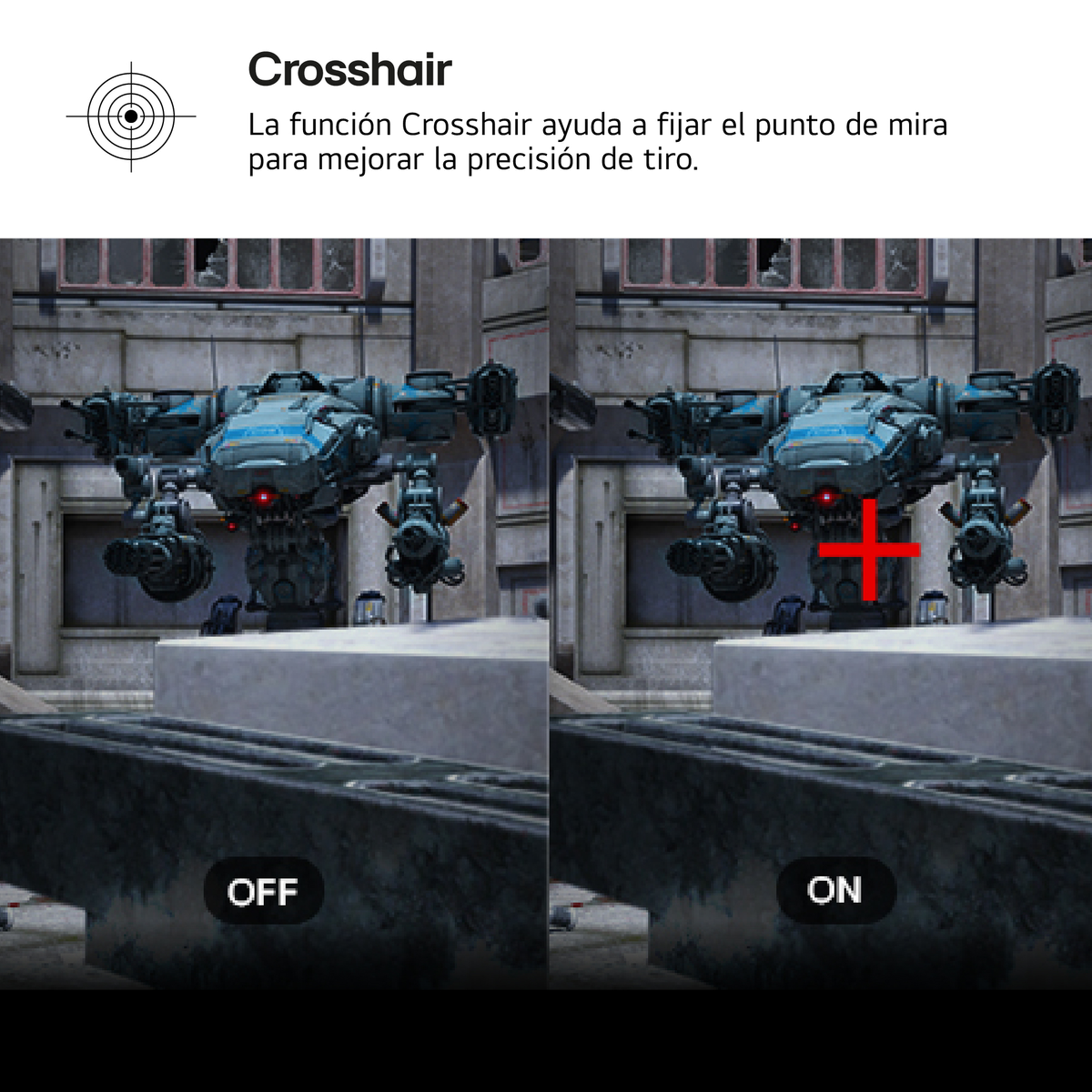 Image shows a mech with and without a red crosshair. Text says 'Crosshair' and explains it improves shooting accuracy.