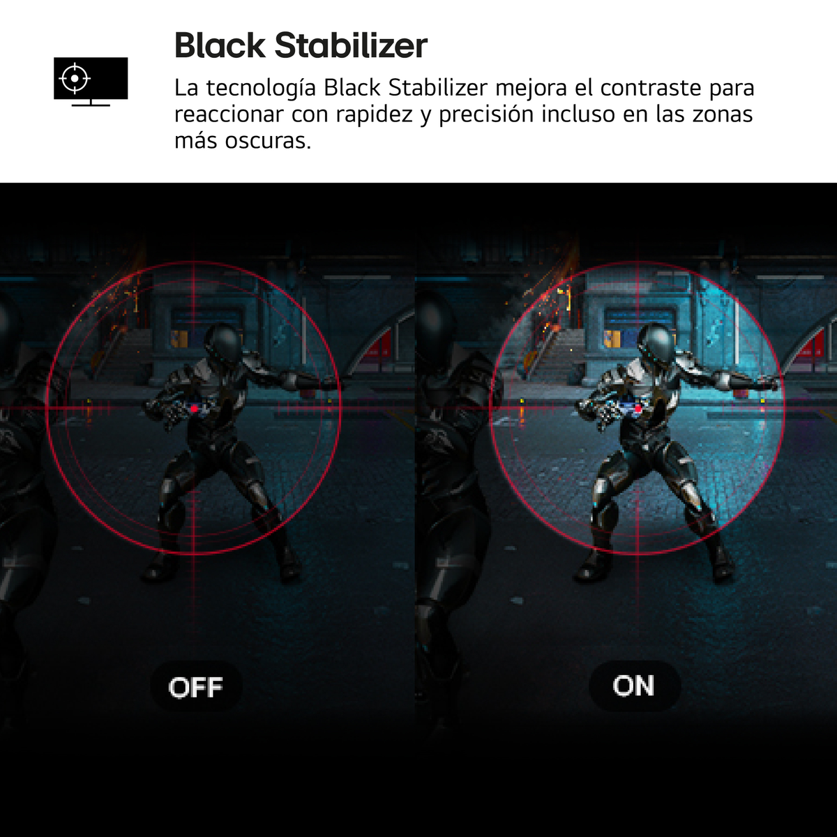 Image shows a 'Black Stabilizer' feature. A soldier in a sci-fi setting is targeted with a red circle, the 'ON' version is brighter.