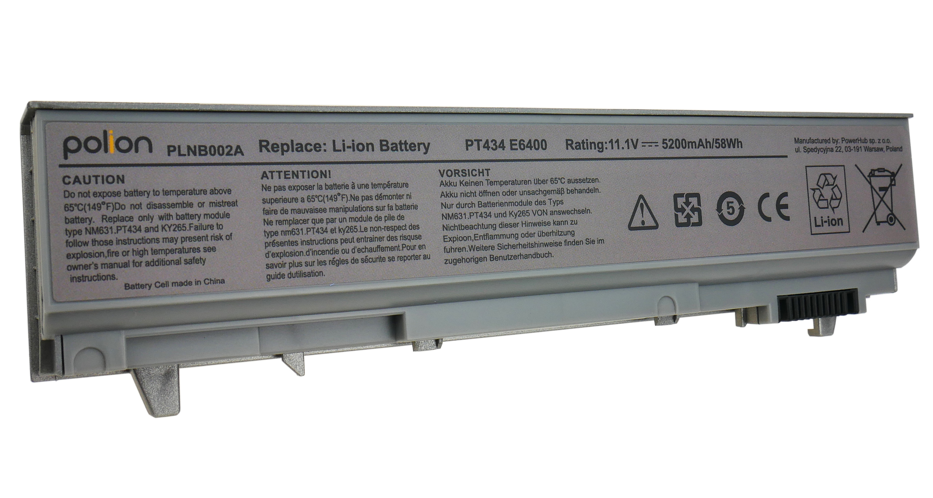 Szary akumulator Li-ion z etykietami, ostrzeżeniami i specyfikacjami technicznymi. Symbole wskazują bezpieczeństwo i recykling.