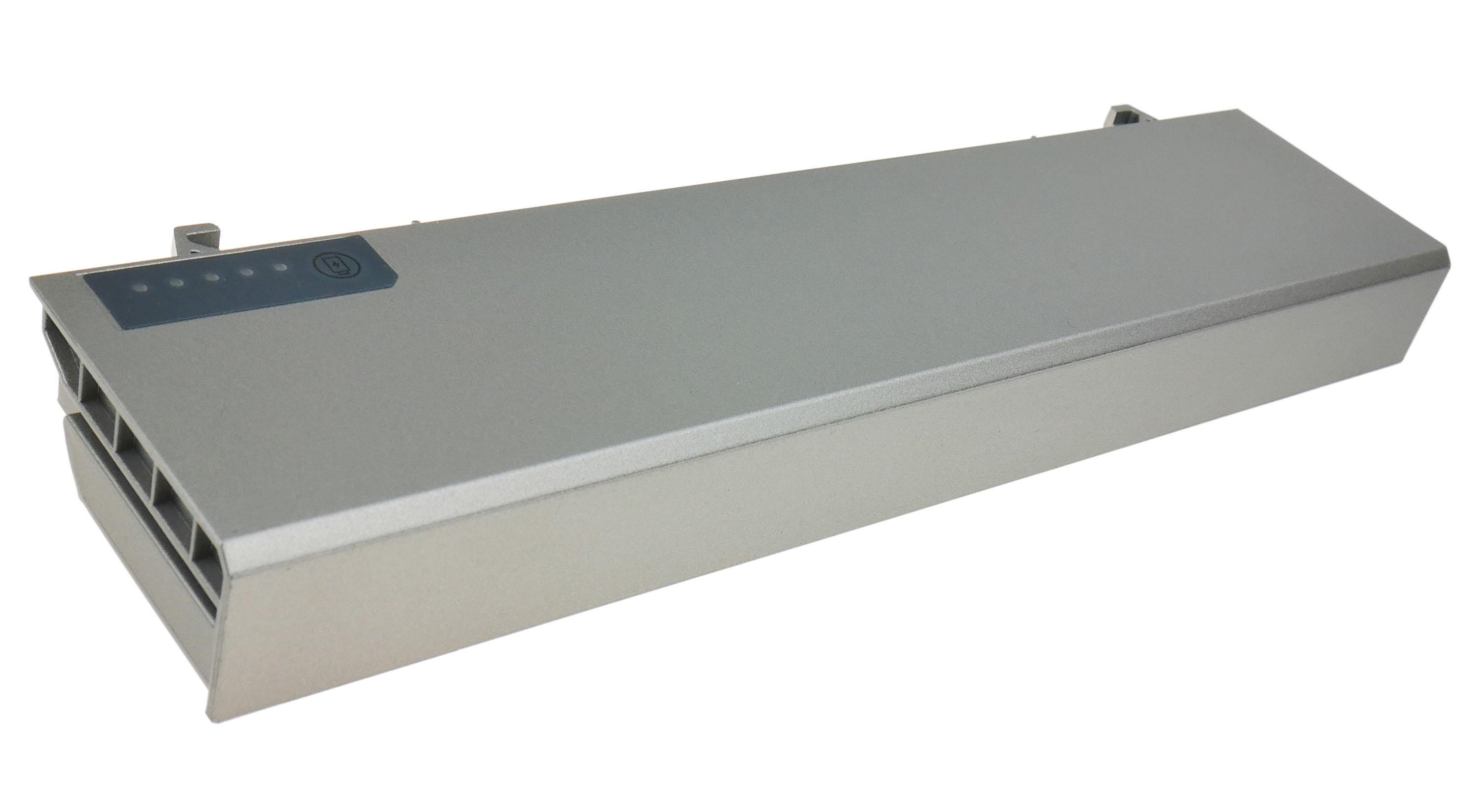 Srebrna bateria do laptopa. Posiada wskaźnik poziomu naładowania z pięcioma lampkami i przyciskiem zasilania.