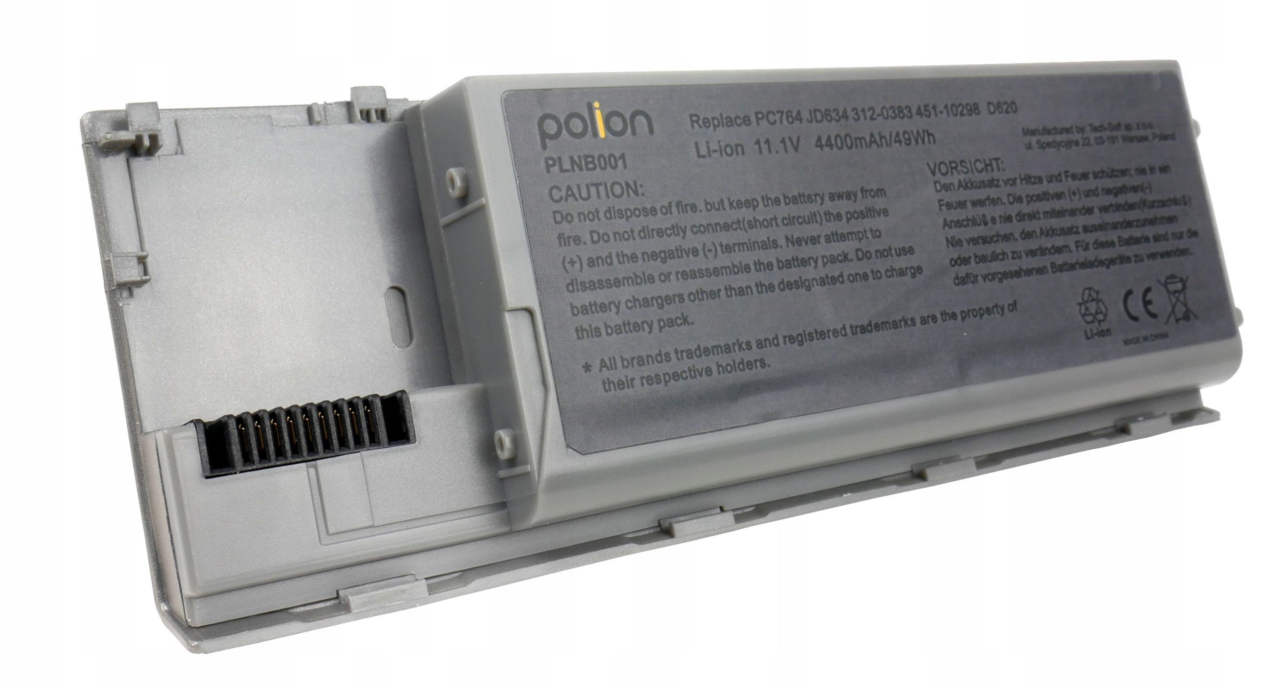 Szara bateria do laptopa z etykietą ostrzegawczą, informacjami o produkcie i złączem.