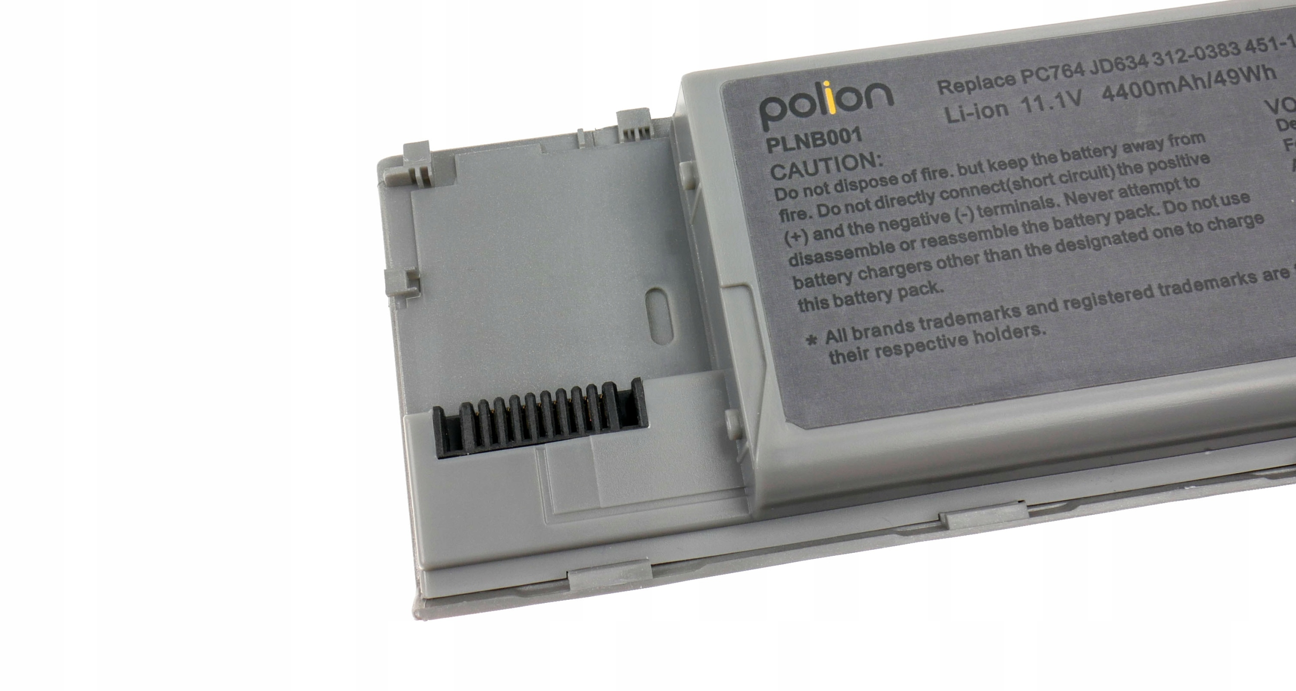 Szara bateria do laptopa z tekstem. Bateria jest oznaczona jako 'polion' i ma ostrzeżenia bezpieczeństwa.