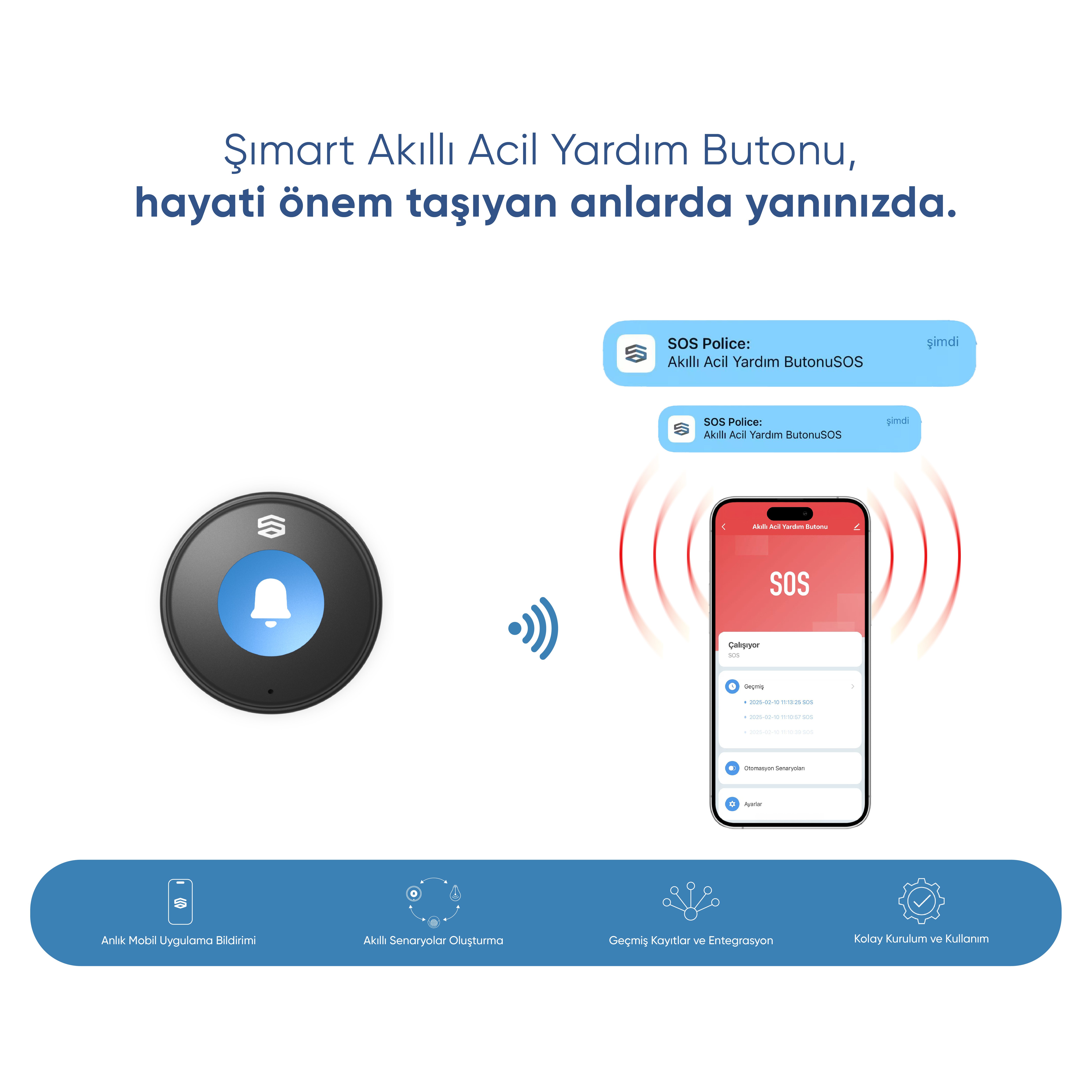 Görüntü, bir SOS çağrısı gösteren bir telefon ekranı ile acil durum düğmesini gösteriyor. Türkçe metin.