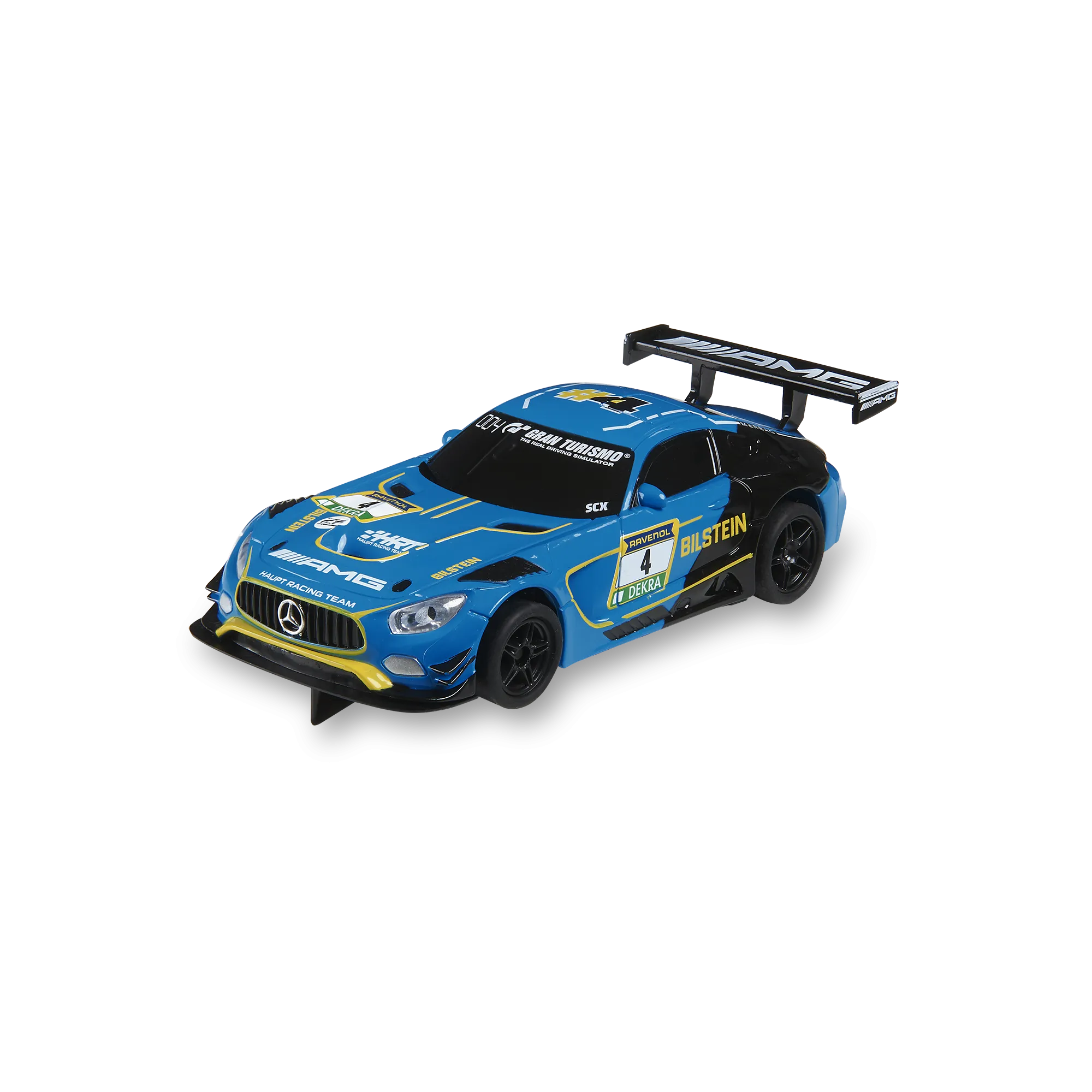 Un coche de carreras de juguete azul y negro con detalles amarillos, el número 4 y logotipos de patrocinadores, sobre fondo blanco.