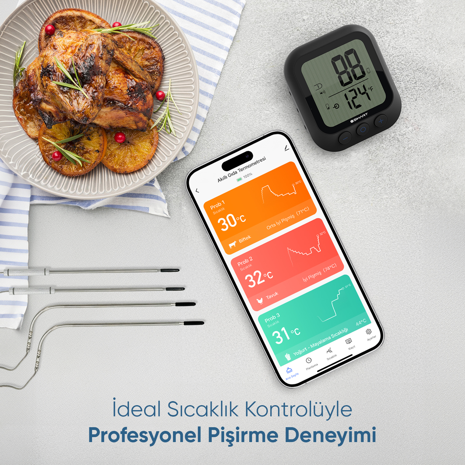 Portakallı kızarmış yiyecek tabağı, dijital termometre ve sıcaklık okumalarını gösteren bir akıllı telefon.
