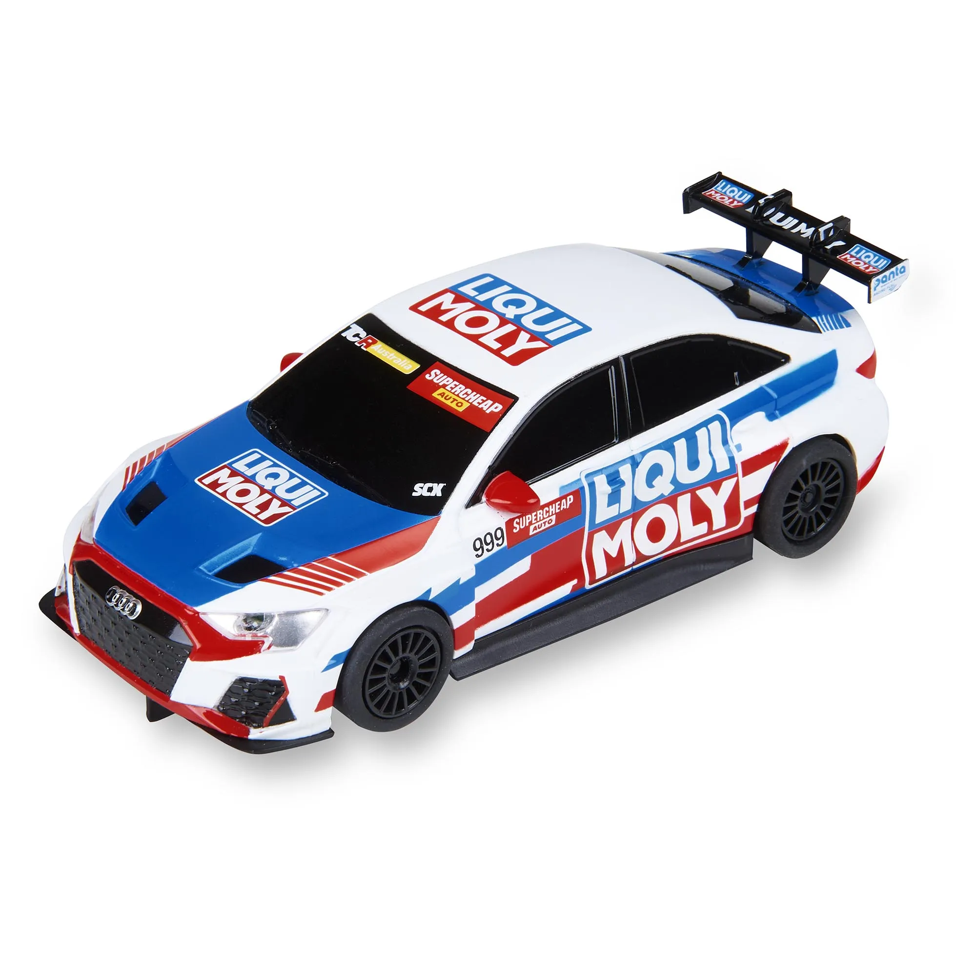 Un coche de carreras blanco con detalles en azul y rojo, patrocinado por Liqui Moly. Tiene alerón trasero y ruedas negras.
