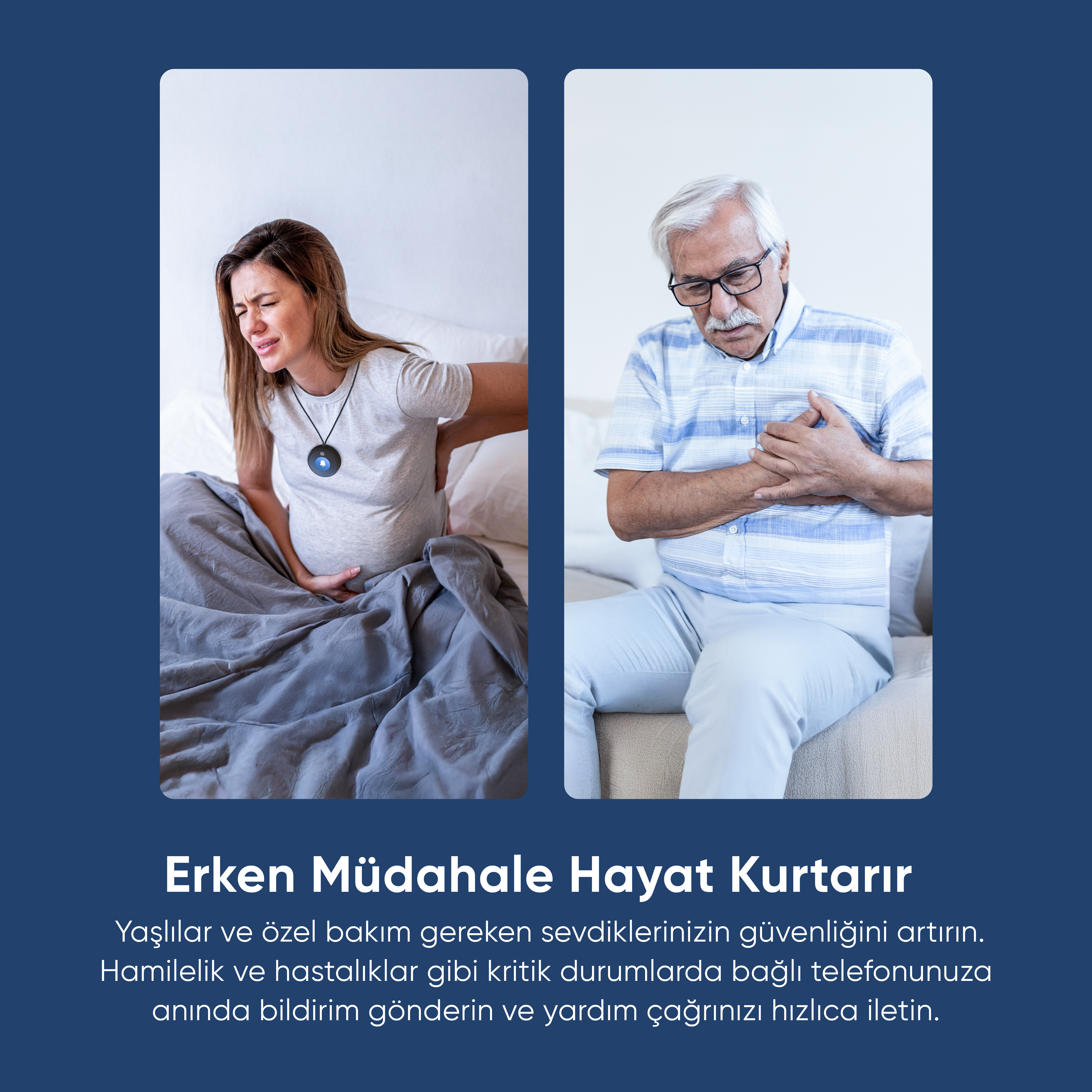 Görselde sırt ağrısı çeken hamile bir kadın ve göğsünü tutan yaşlı bir adam görülüyor.