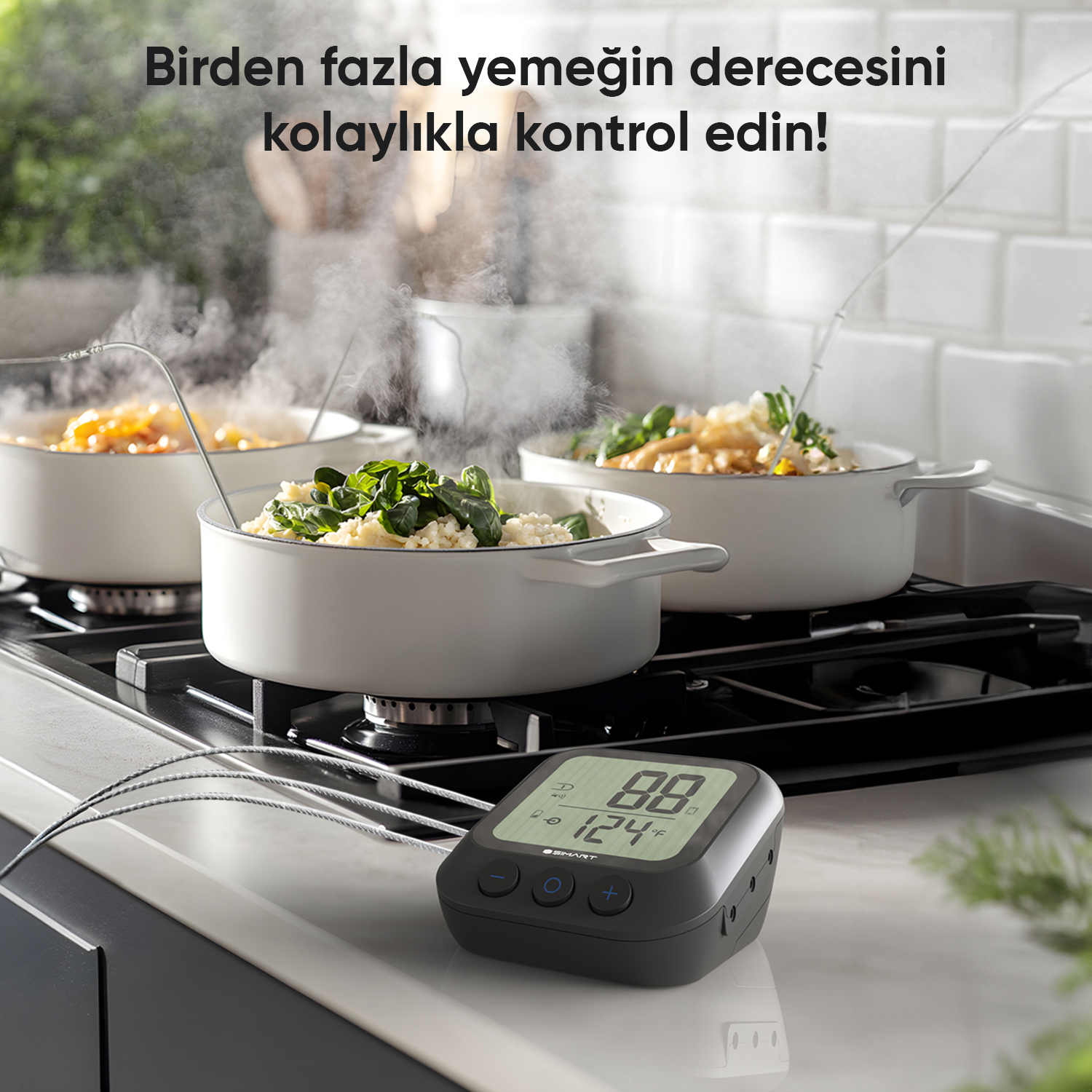 Ocakta yemek olan üç tencere, dijital termometreye bağlı sıcaklık probları. Buhar yükseliyor. Yukarıda metin.