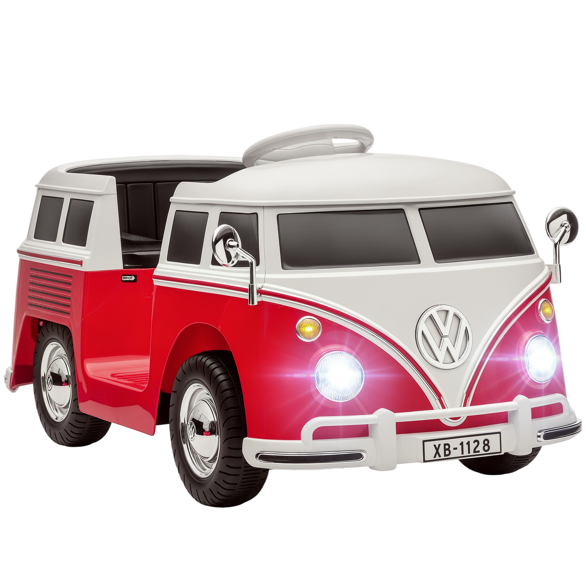 Un furgone Volkswagen giocattolo rosso e bianco con fari accesi, un volante e una targa che dice XB-1128.